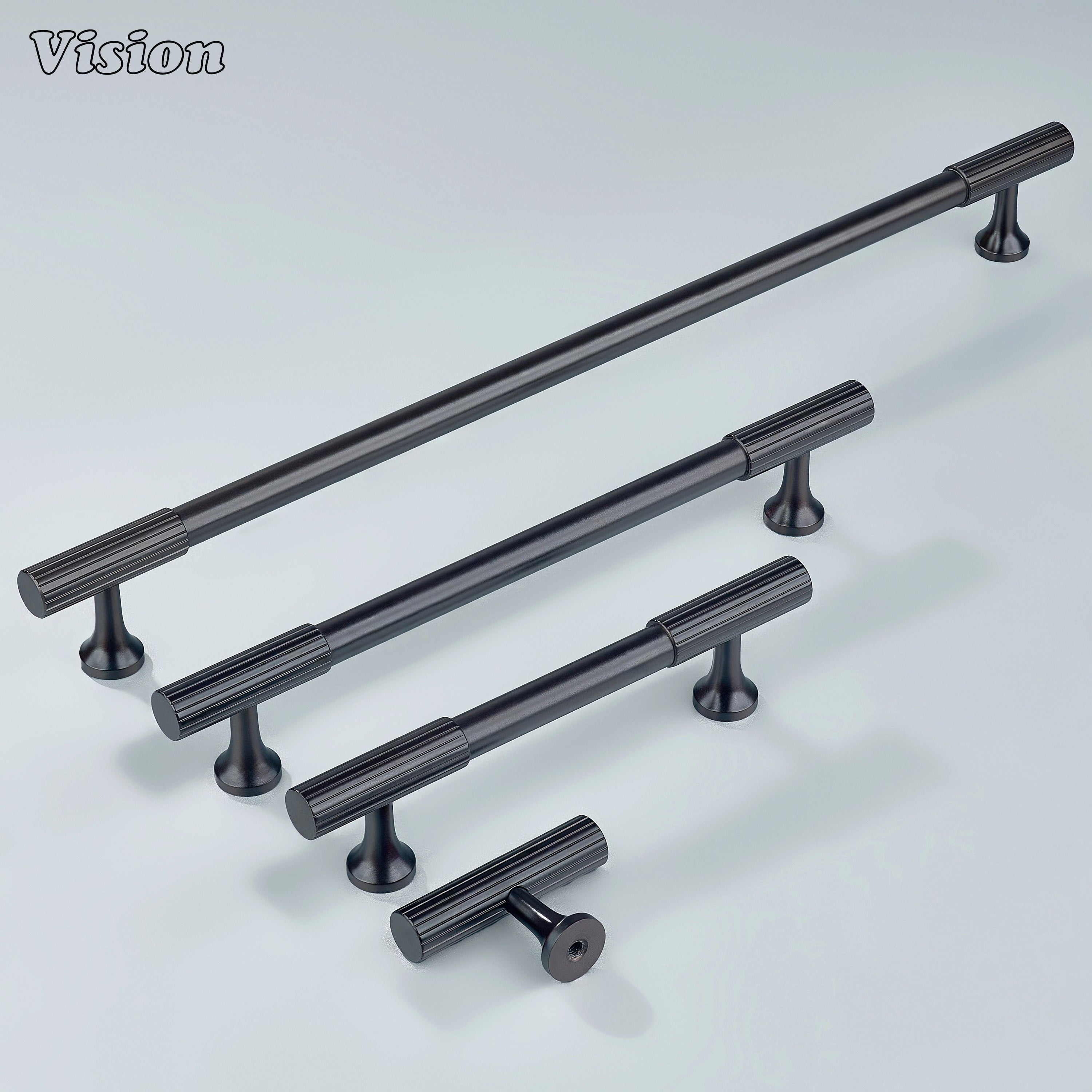 Solid brass cabinet handle in oil rubbed bronze with textured knurled ends.