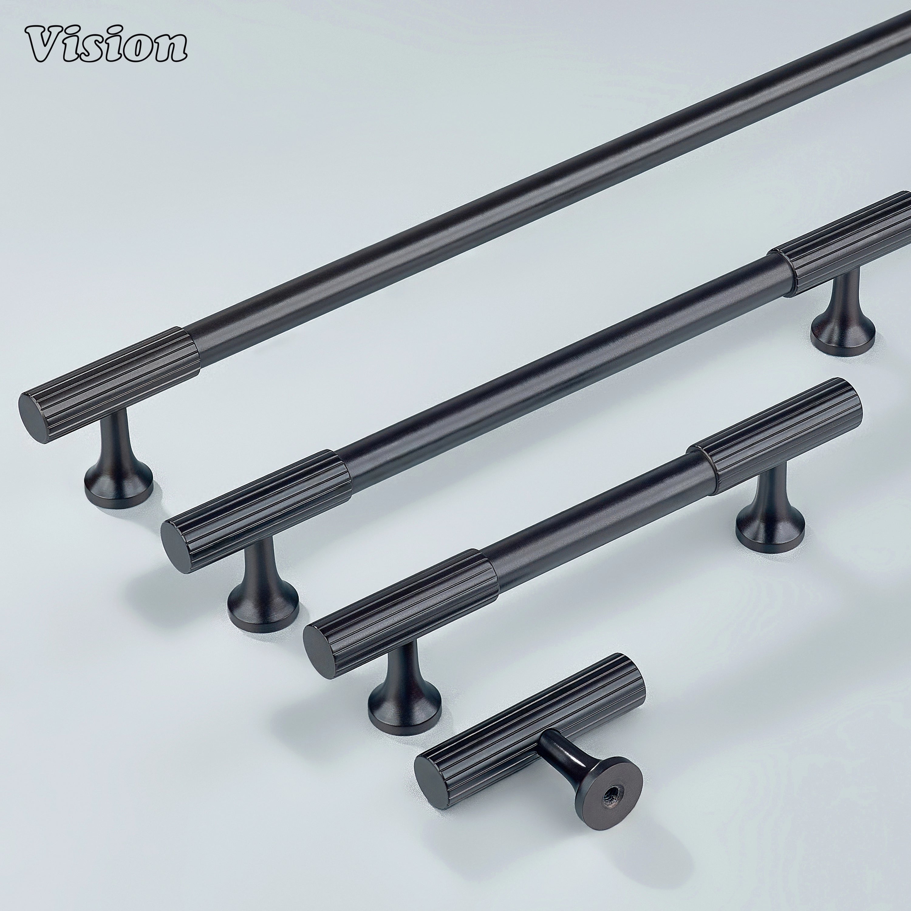 Oil rubbed bronze linear knurled handle for contemporary kitchen cabinets.
