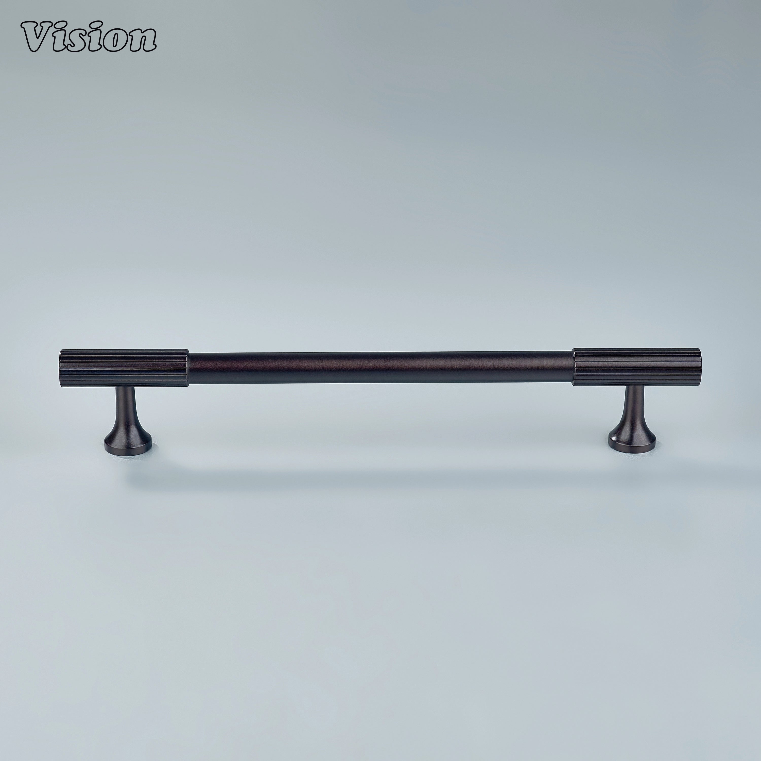 Elegant oil rubbed bronze cabinet pull with smooth body and knurled detailing.