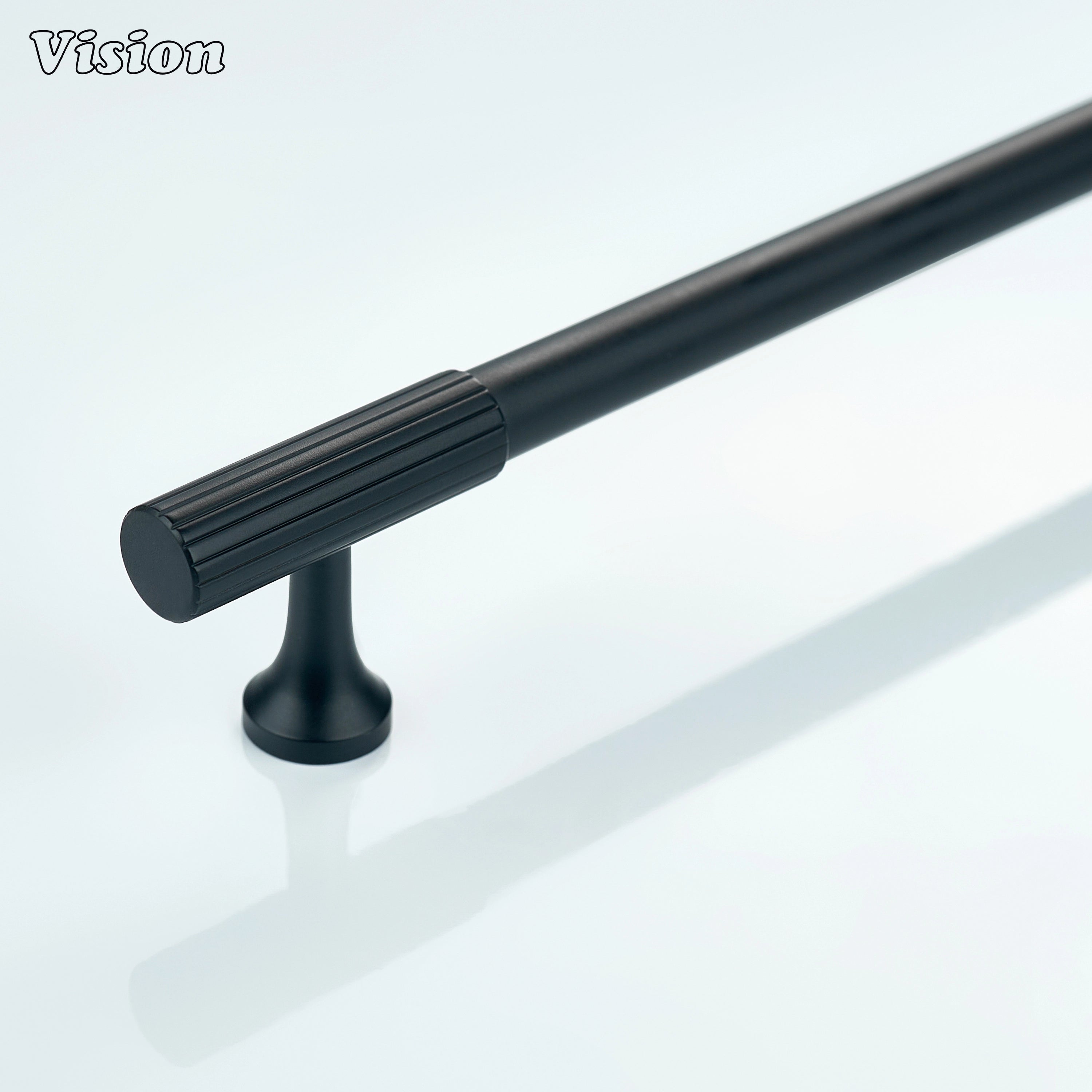 Black Aris linear knurled cabinet handle made from solid brass for modern furniture.
