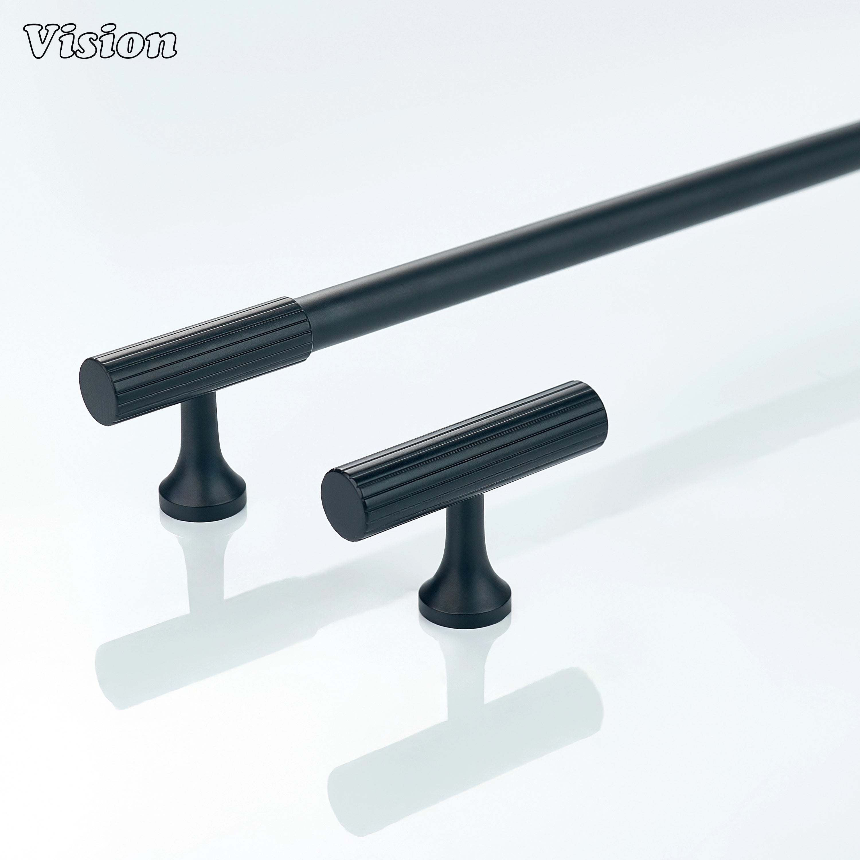 Matte black brass handle with linear-knurled ends for stylish cabinet hardware.