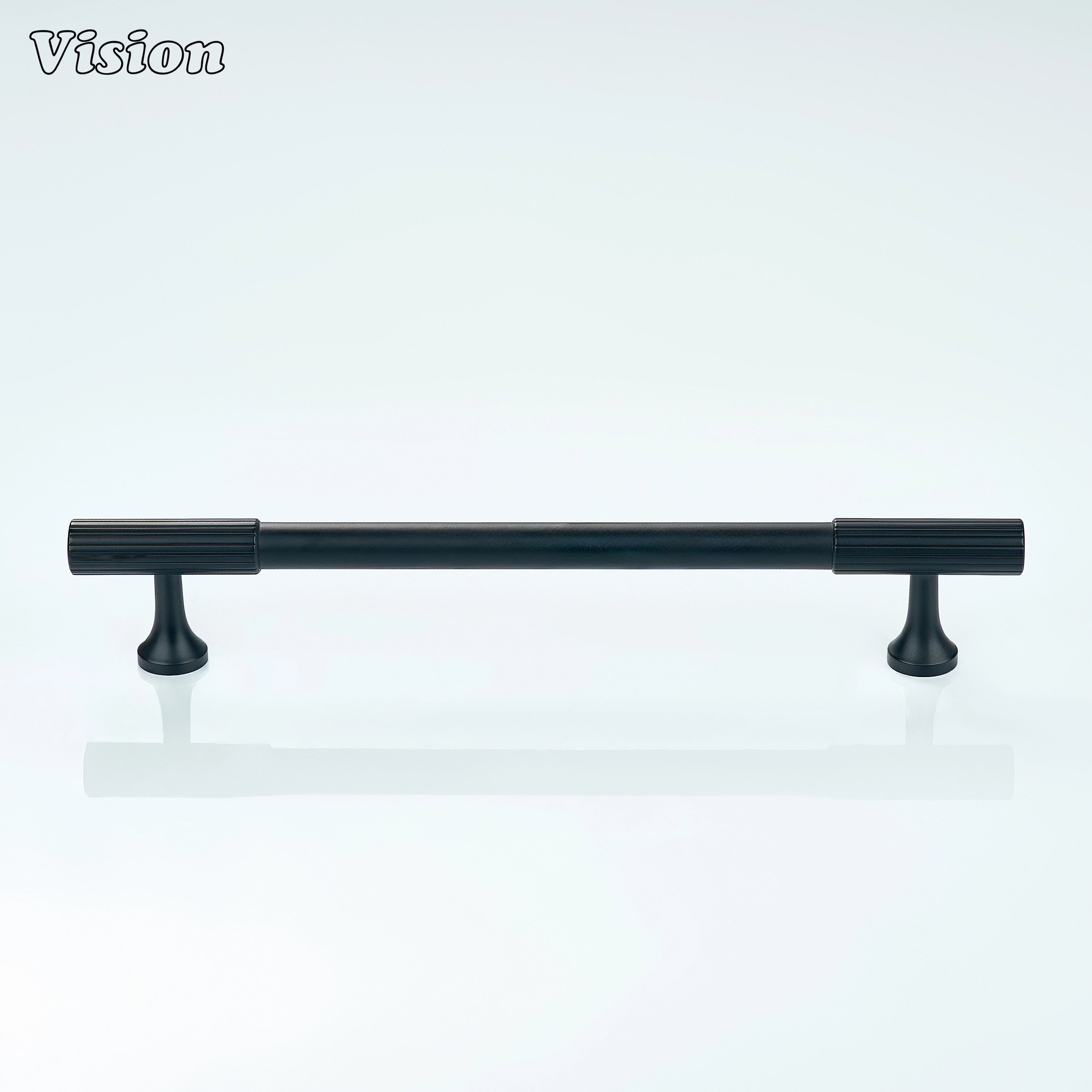 Black cabinet handle with smooth cylindrical body and knurled textured edges.