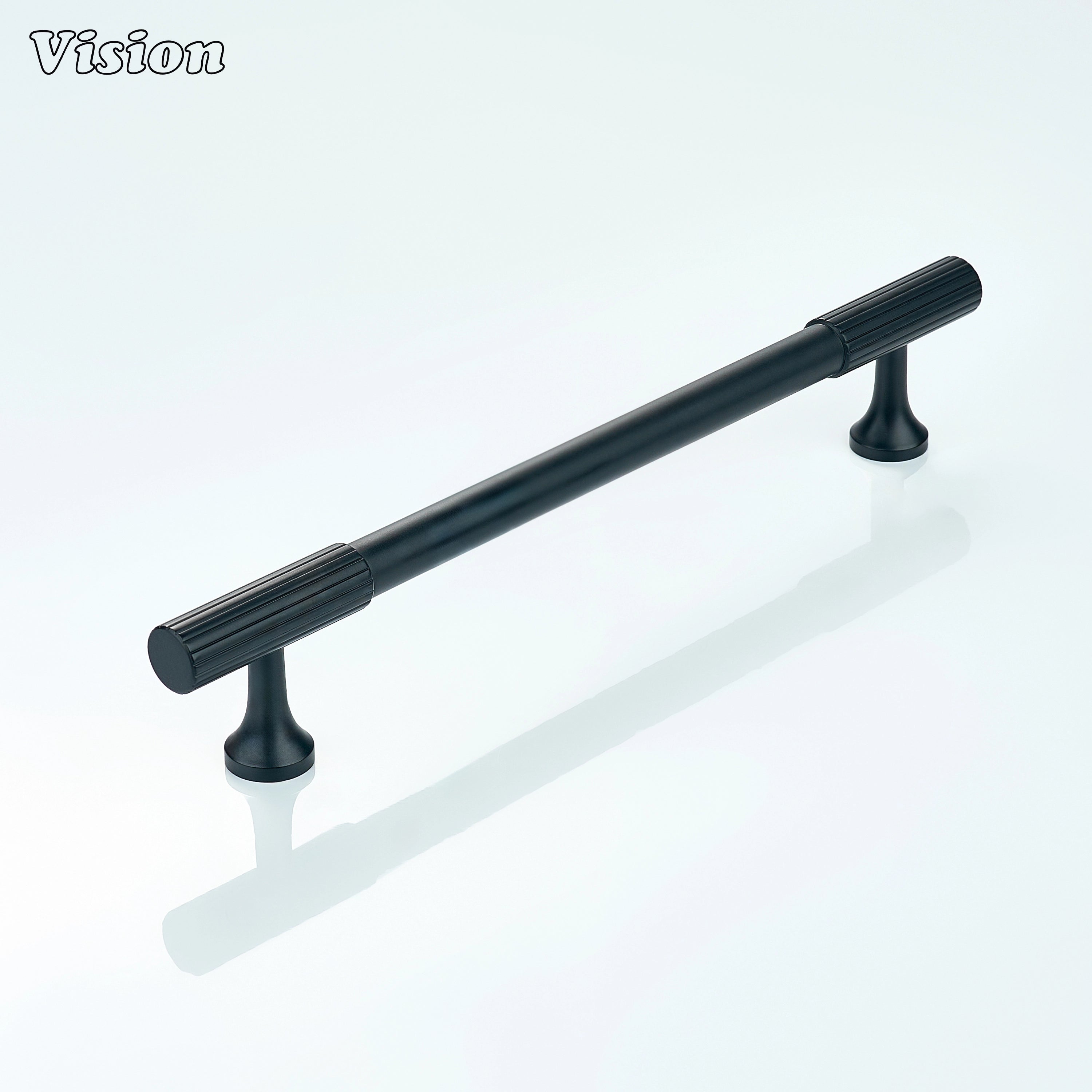 Modern black knurled cabinet pull for wardrobes, drawers, and kitchen cabinets.