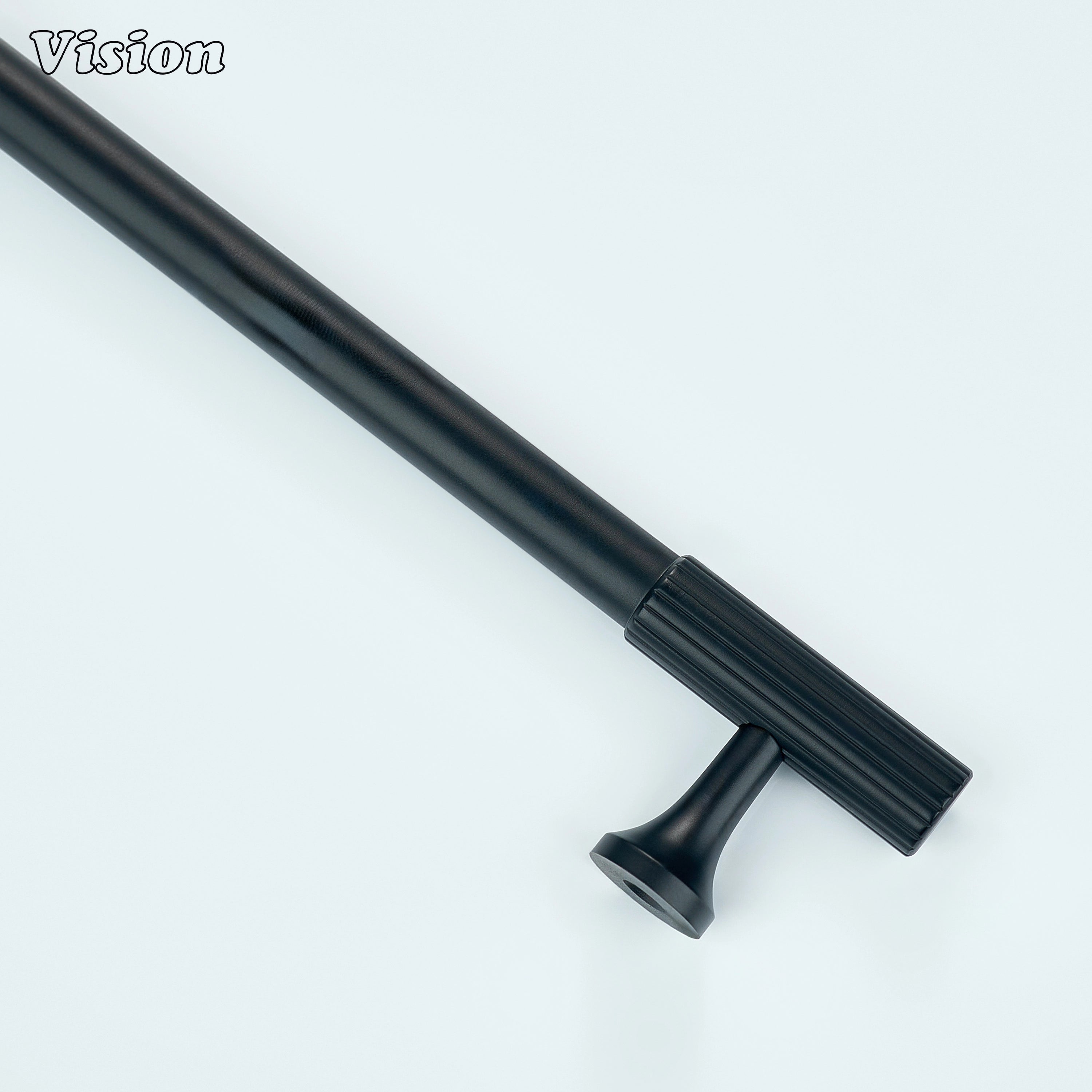 Black cabinet pull featuring contemporary linear-knurled design details.