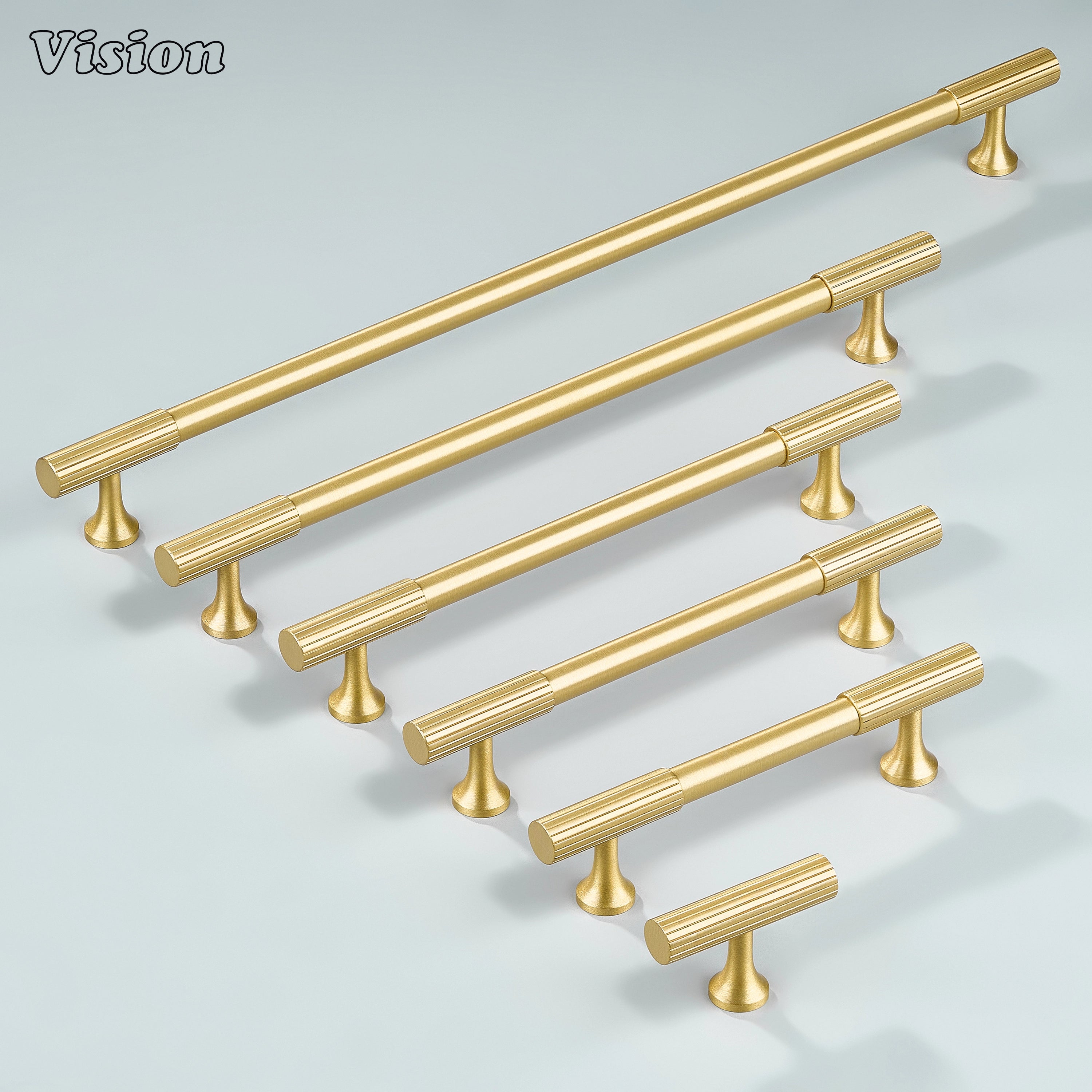 Solid brass gold cabinet handle with linear-knurled ends for enhanced grip.