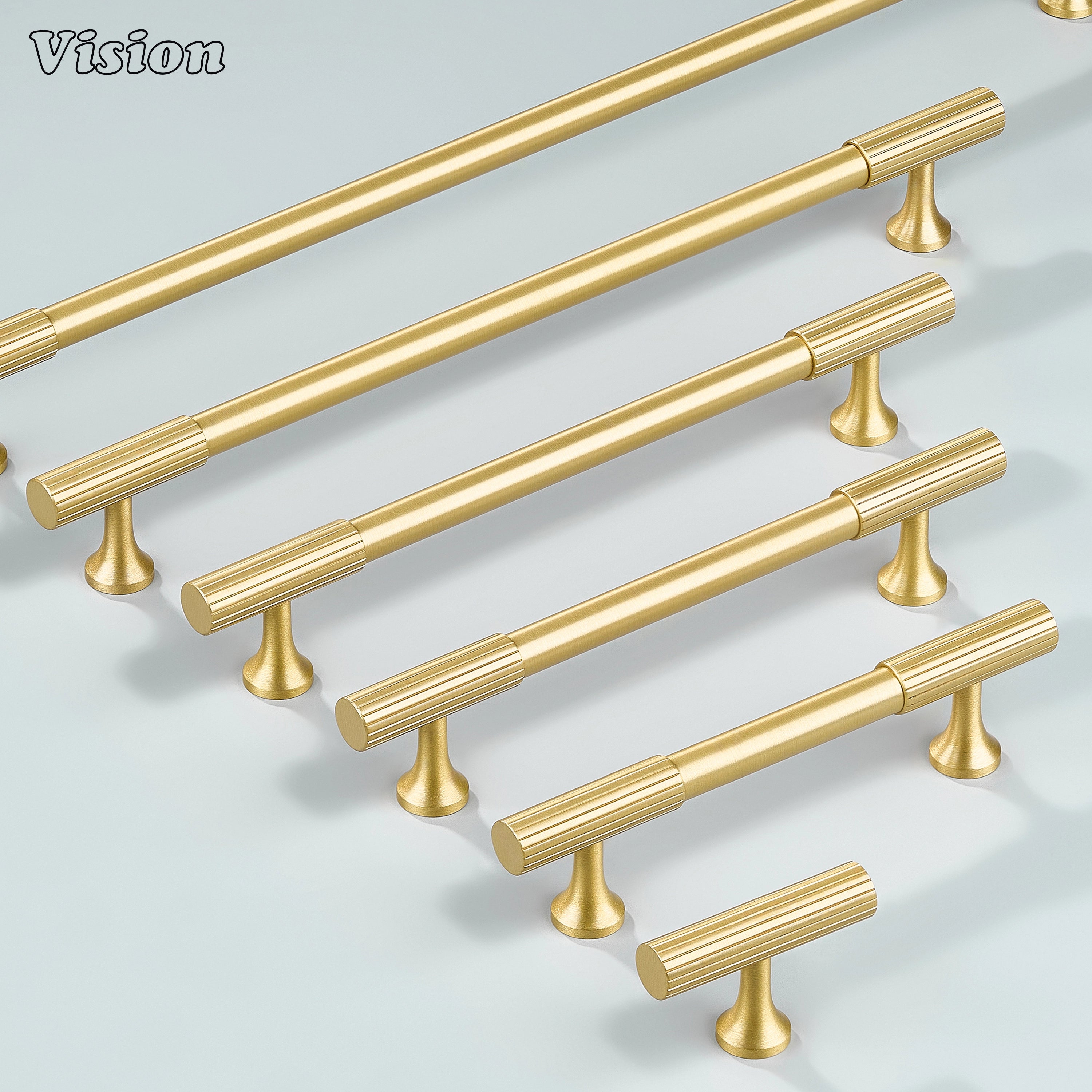 Gold linear knurled handle for cabinets, wardrobes, and kitchen drawers.