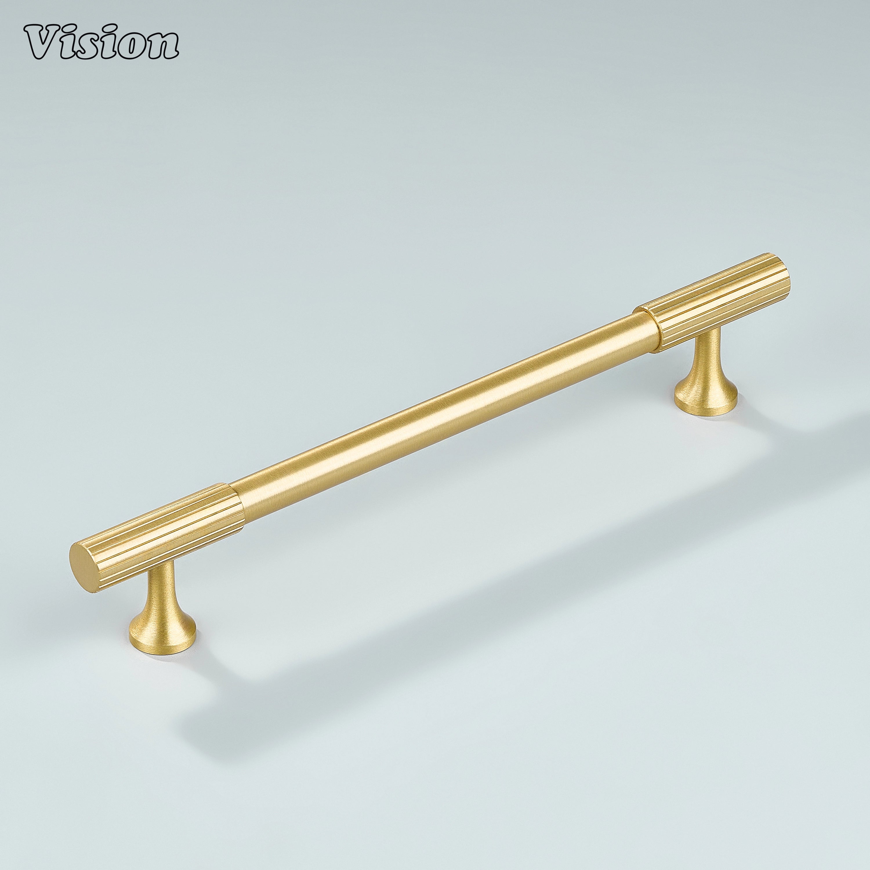 Modern gold cabinet pull featuring linear knurling for refined texture and style.