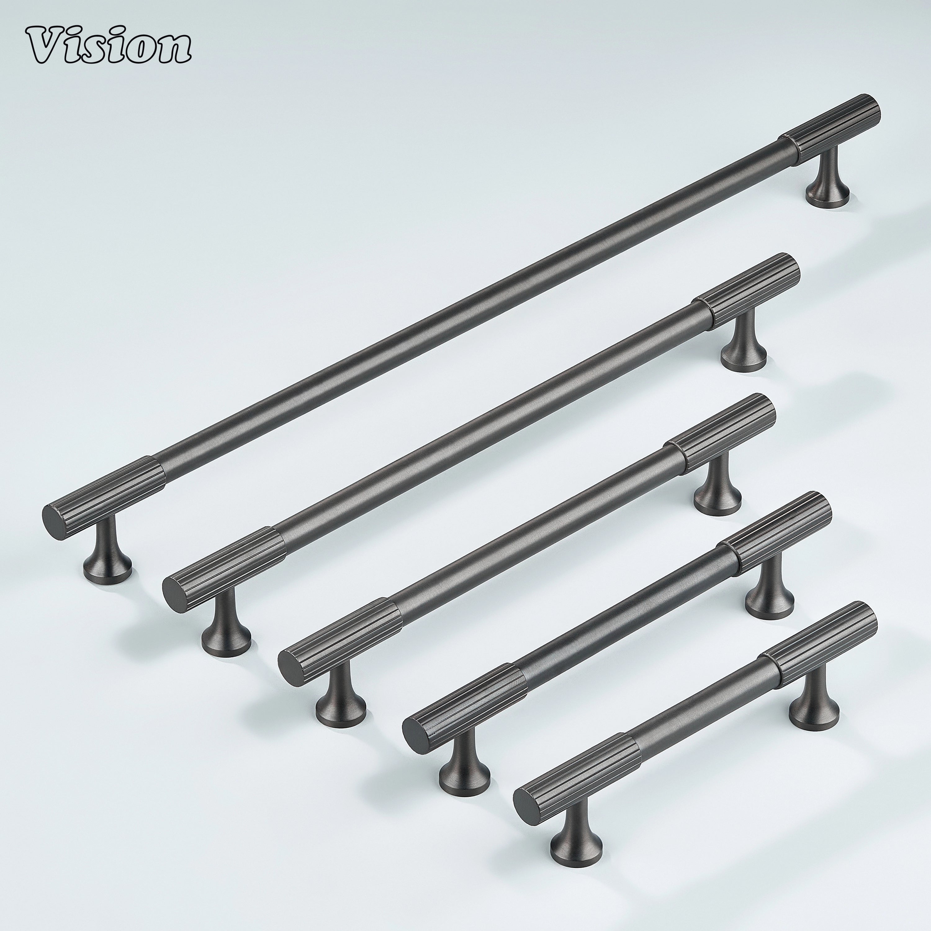 Modern gunmetal cabinet handle with linear-knurled textured ends.
