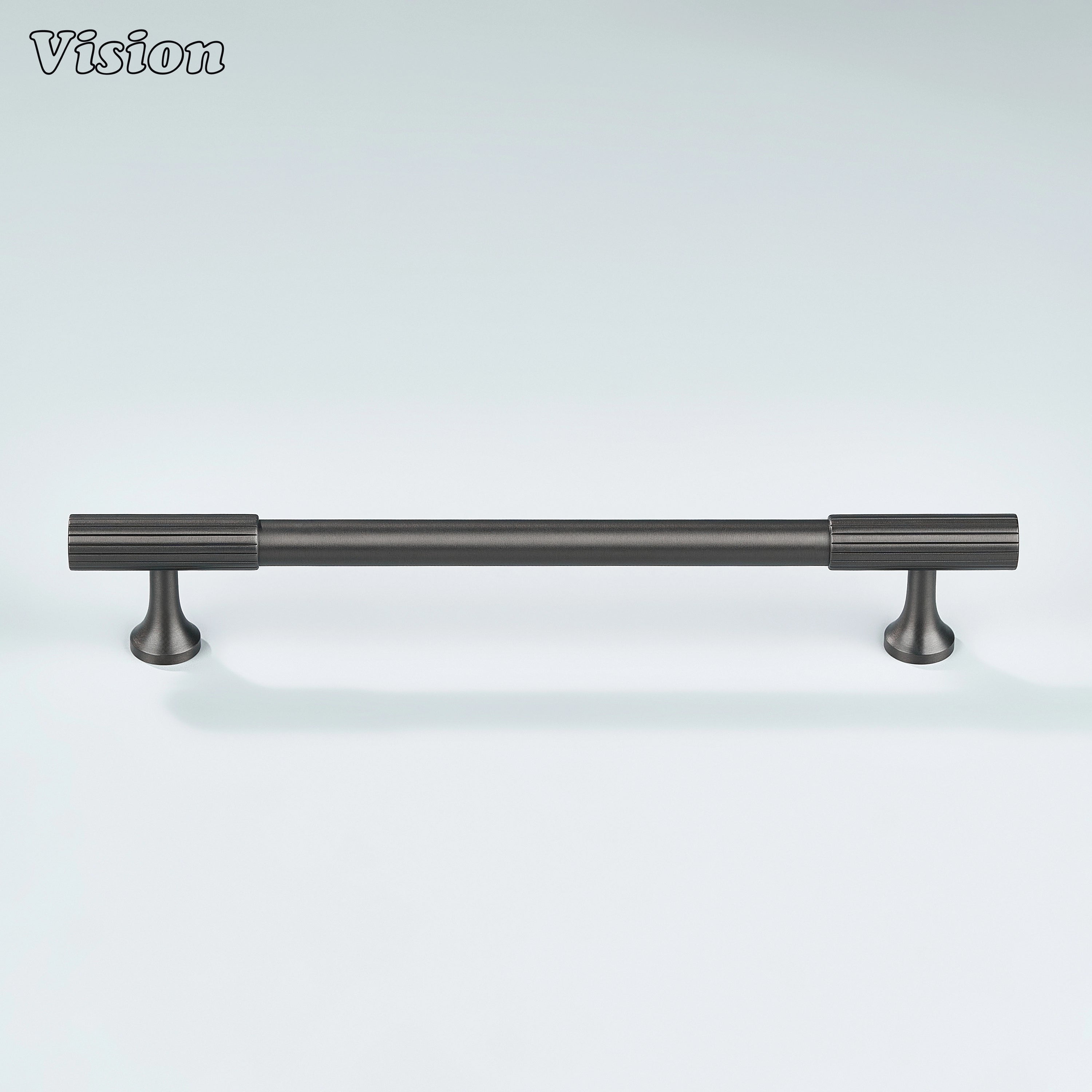 Sleek gunmetal pull with smooth center body and refined knurled ends.