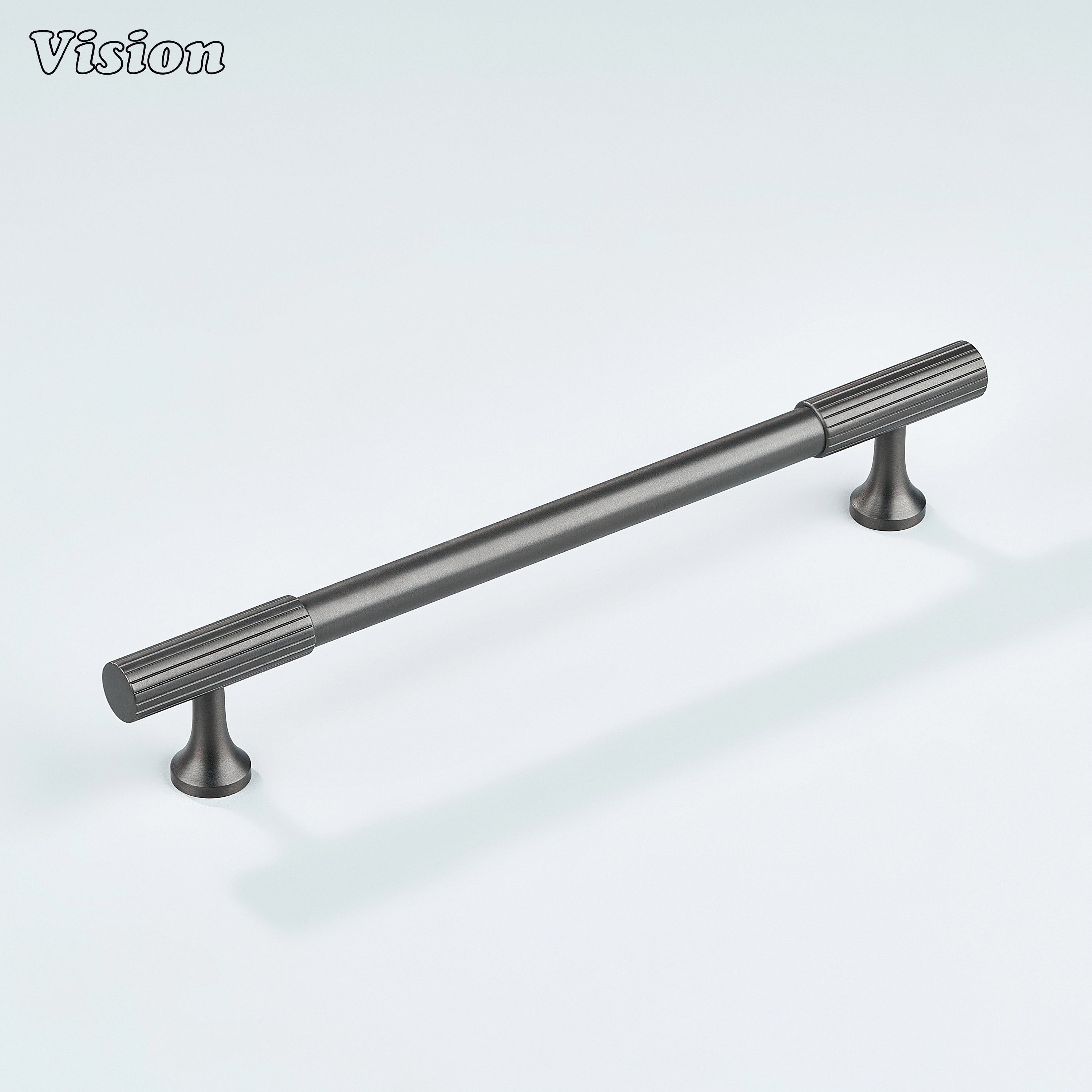 Premium gunmetal cabinet handle featuring contemporary linear knurling.