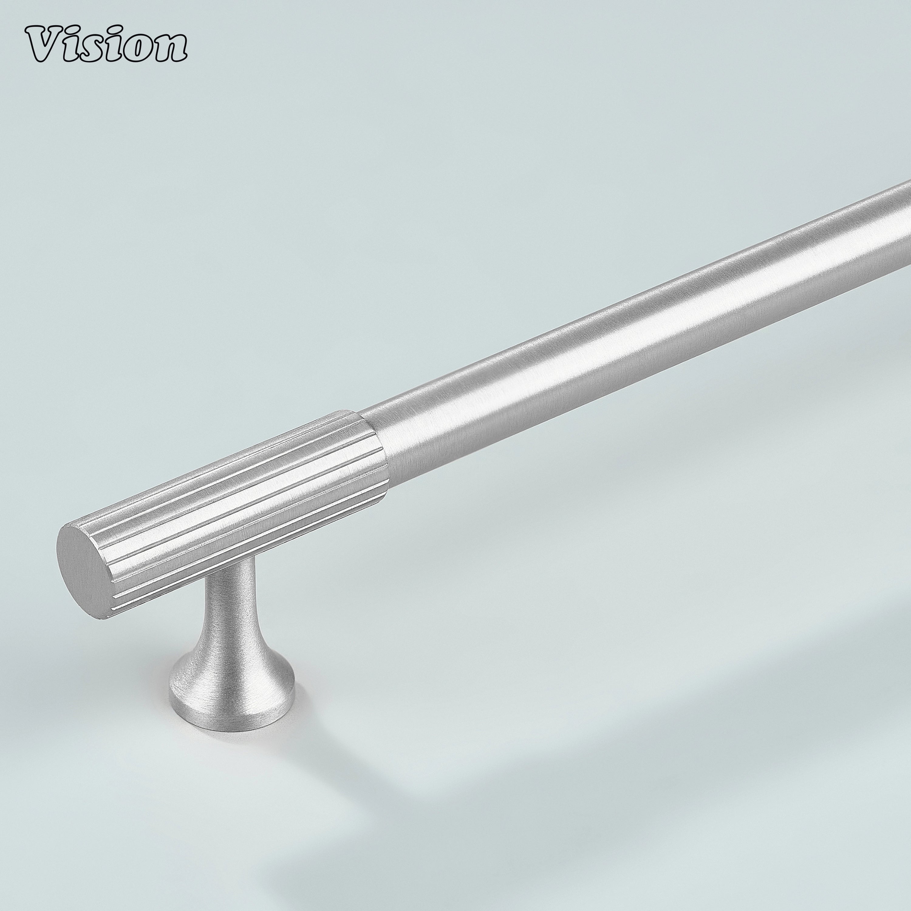 Silver Aris linear knurled cabinet handle crafted from solid brass for modern interiors.