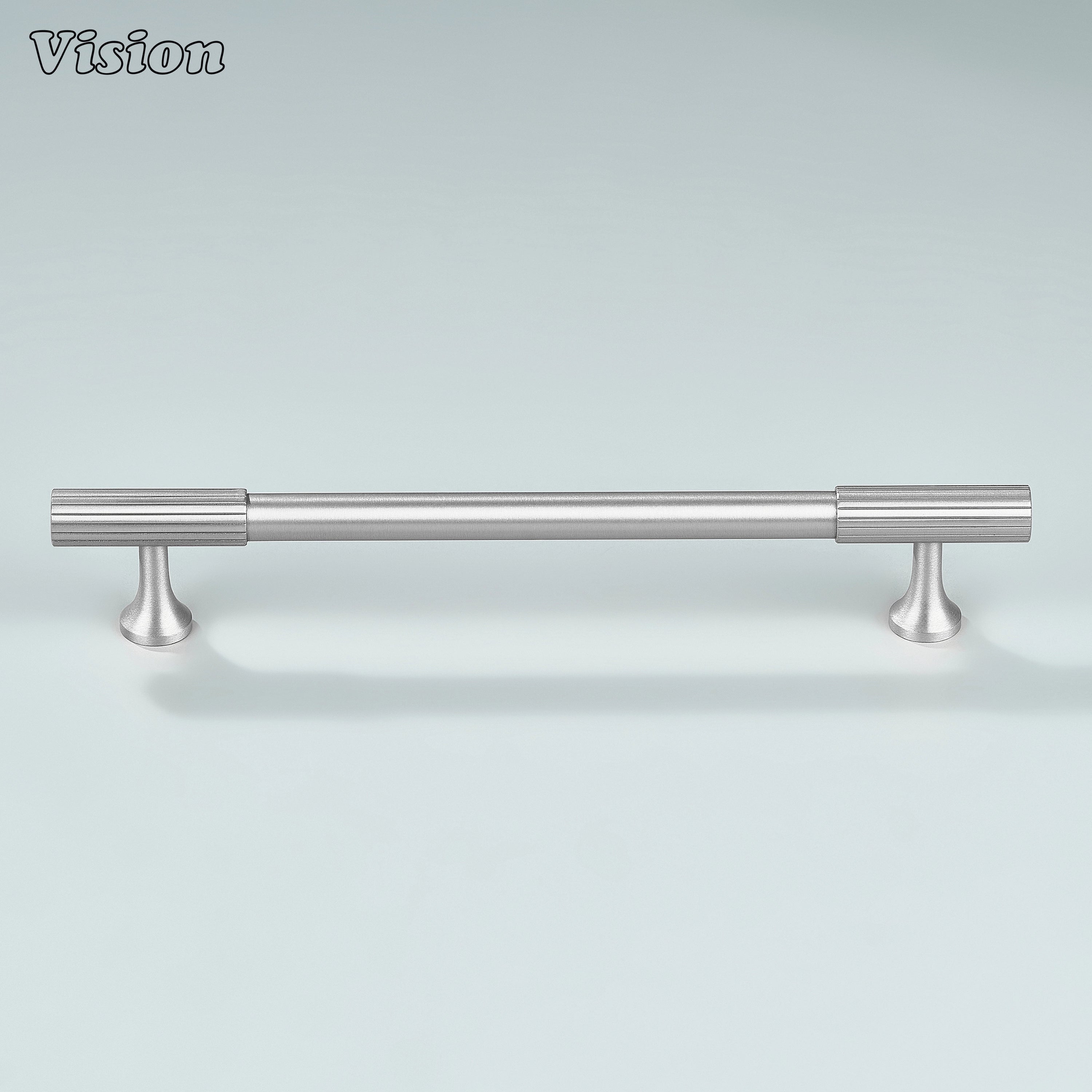 Sleek silver cabinet pull with smooth body and precision knurled ends.