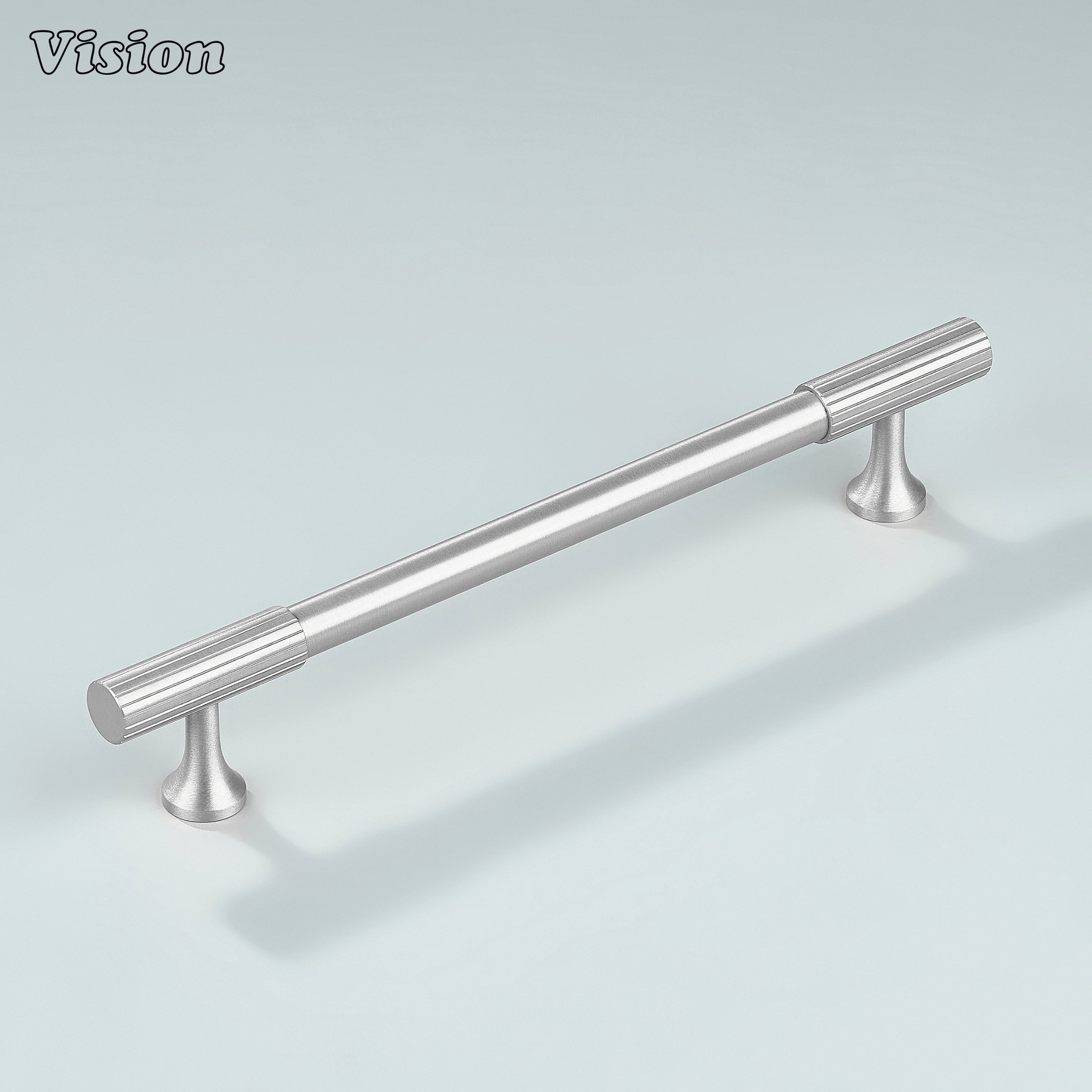 Silver brass handle featuring linear knurling for a clean and modern look.