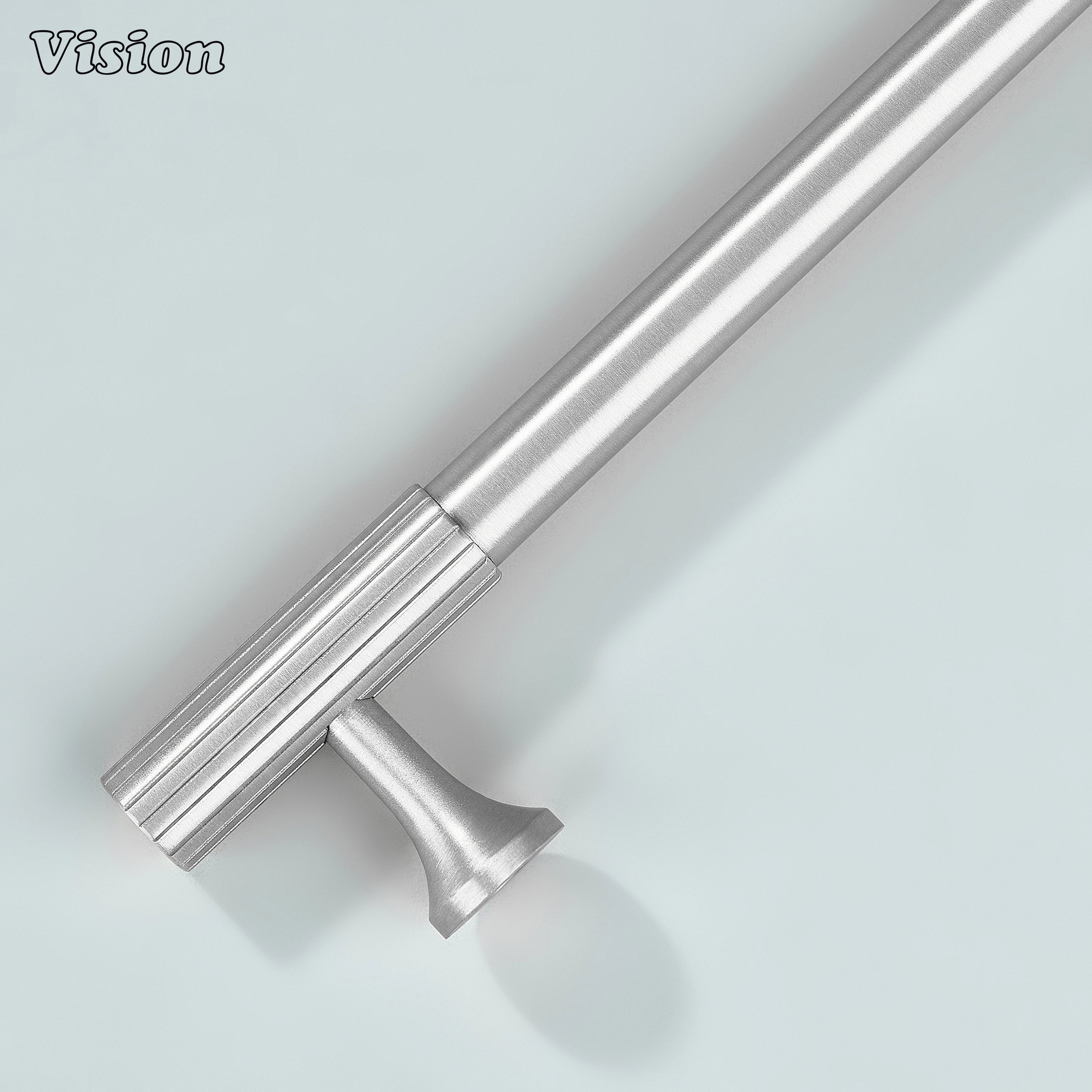 Minimalist silver cabinet handle with refined linear-knurled finish.