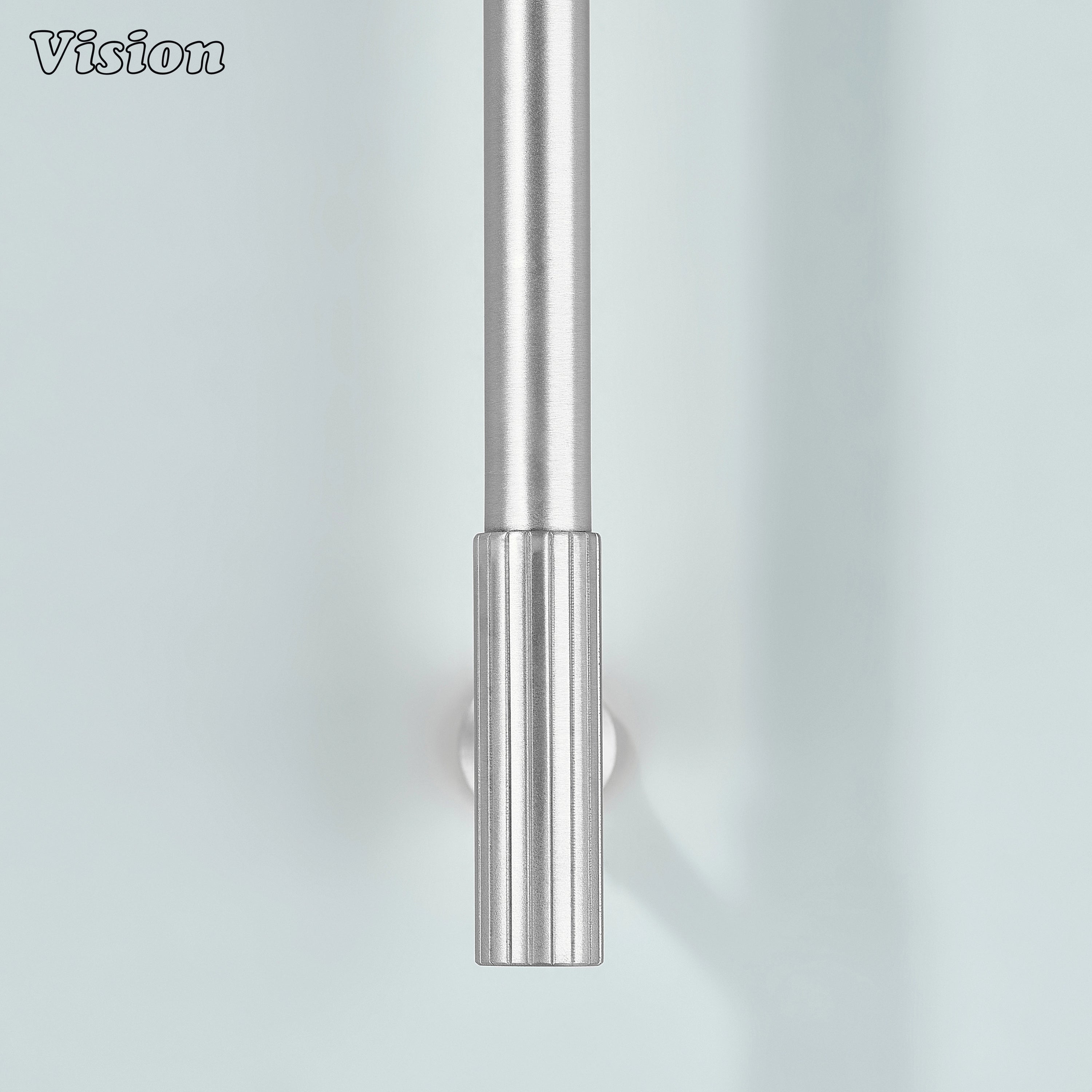 Modern silver kitchen cabinet handle with knurled accents for added style.