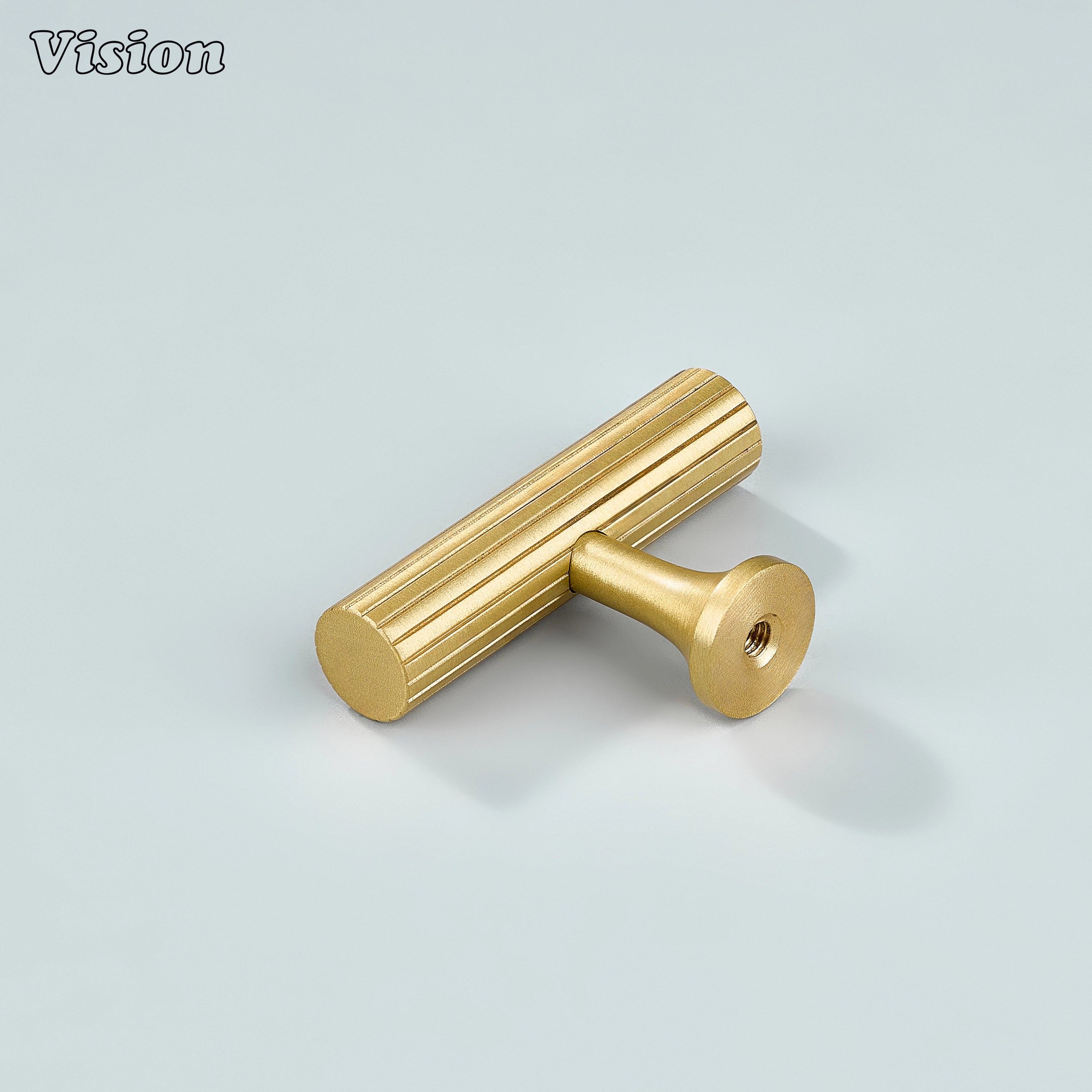 Gold cabinet T-knob featuring precise linear knurling.
