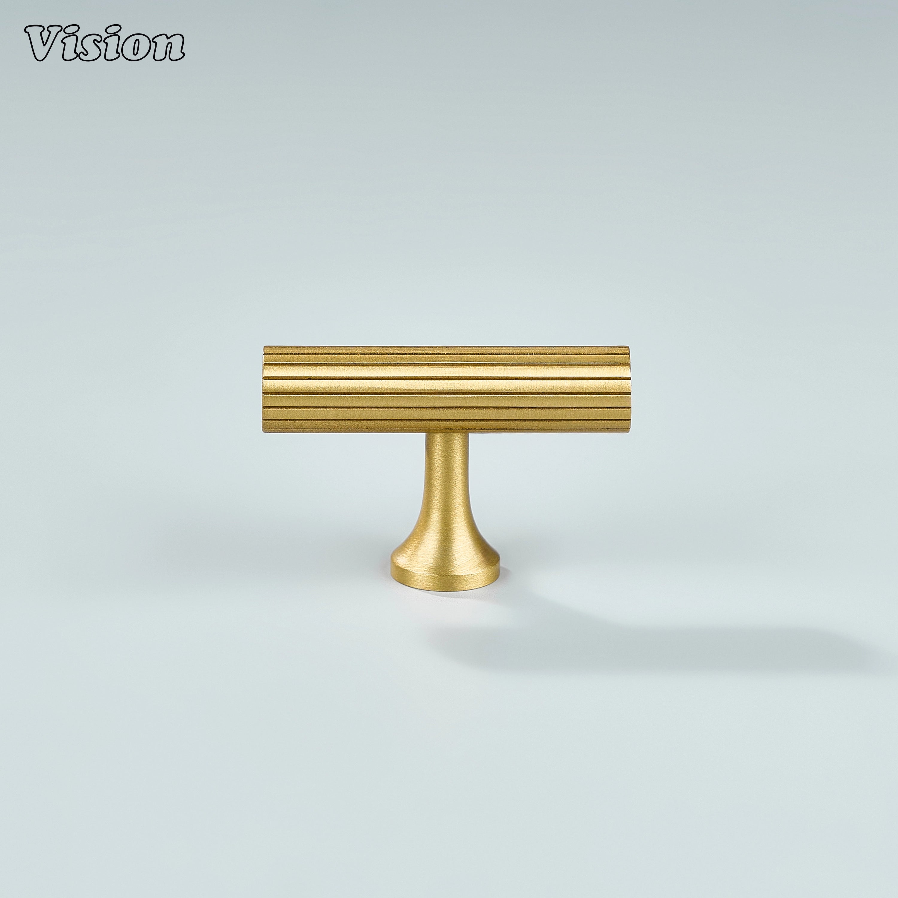 Gold finish linear knurled T-knob for cupboards and drawers.
