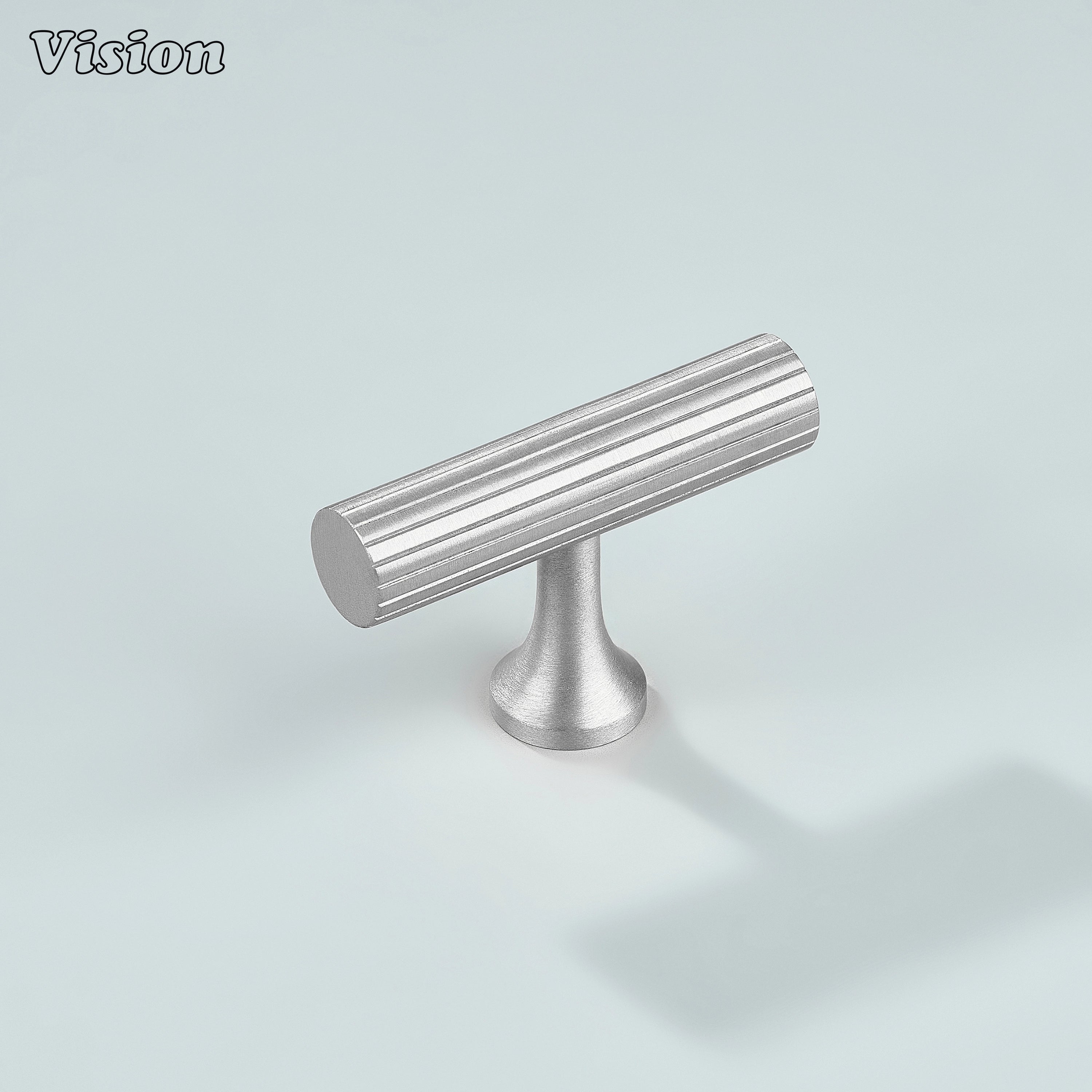 Silver linear knurled brass T-knob for cabinets and drawers.