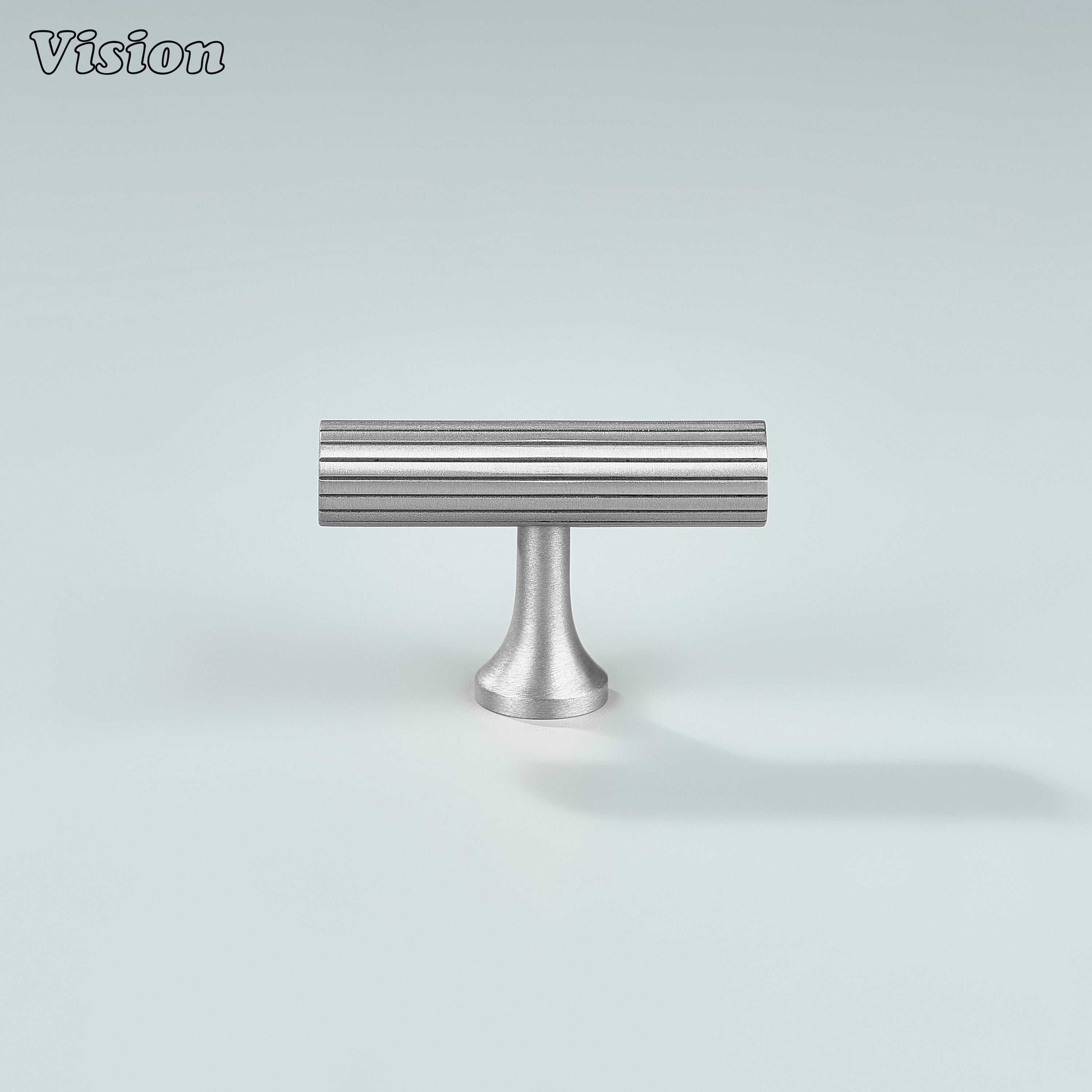 Sleek silver cabinet T-knob with modern detailing.