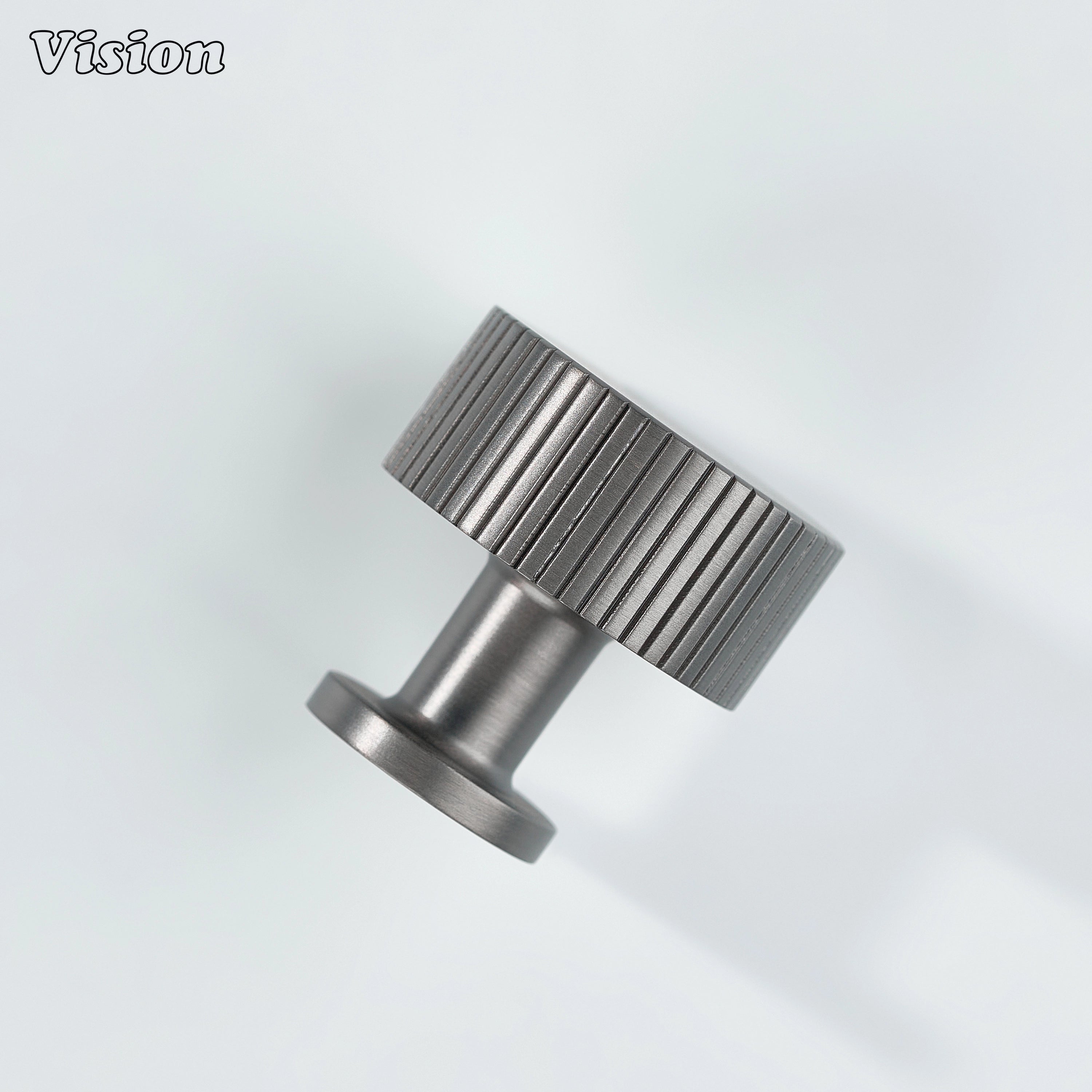 Gunmetal round cabinet knob with precision knurling for modern furniture interiors