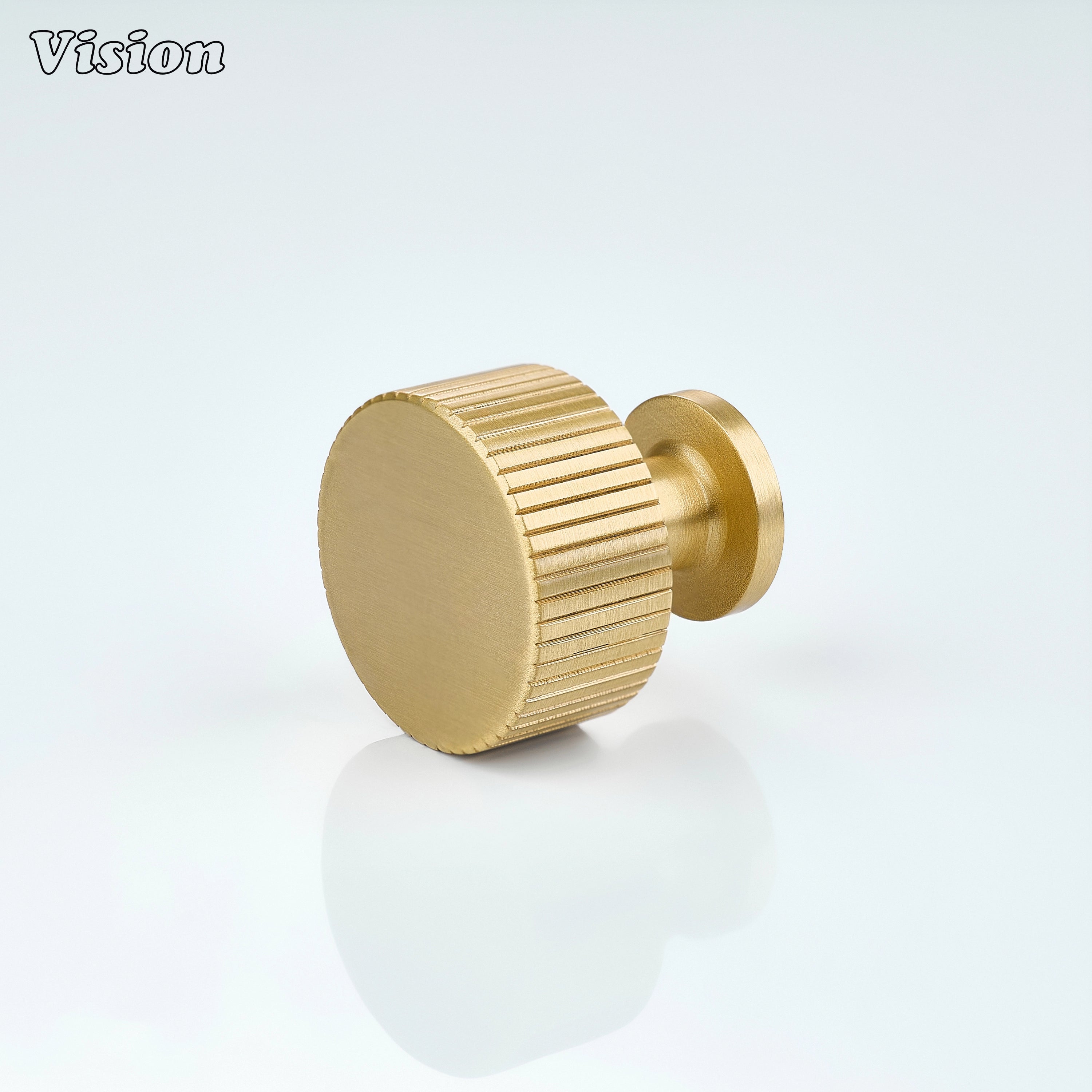 Gold linear knurled cabinet knob with round profile and circular base for kitchen cabinets and drawers