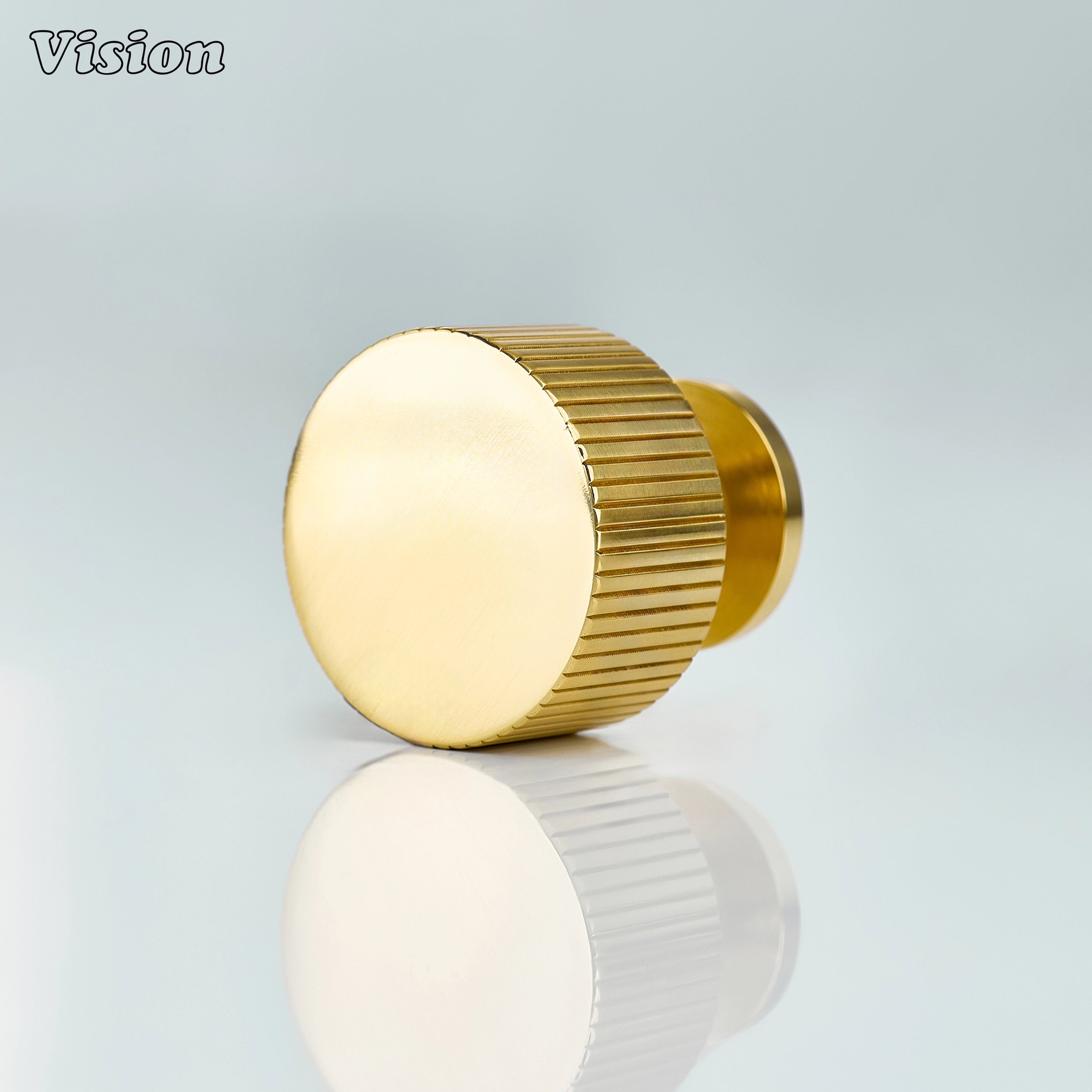 Polished Brass Lacquered linear knurled cabinet knob with round profile for kitchen cabinets and drawers