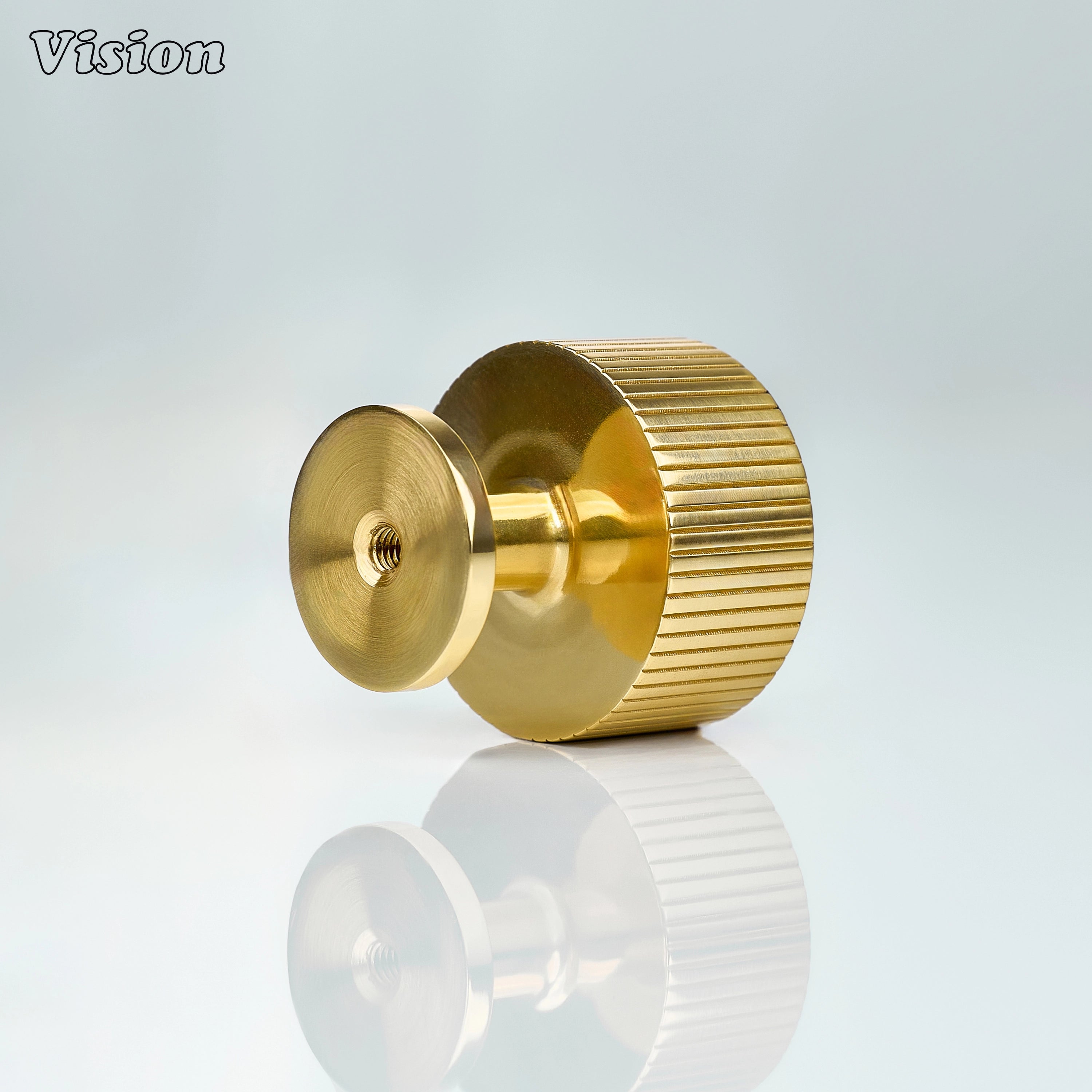 Polished Brass Lacquered round cabinet knob with precision knurling for modern furniture interiors