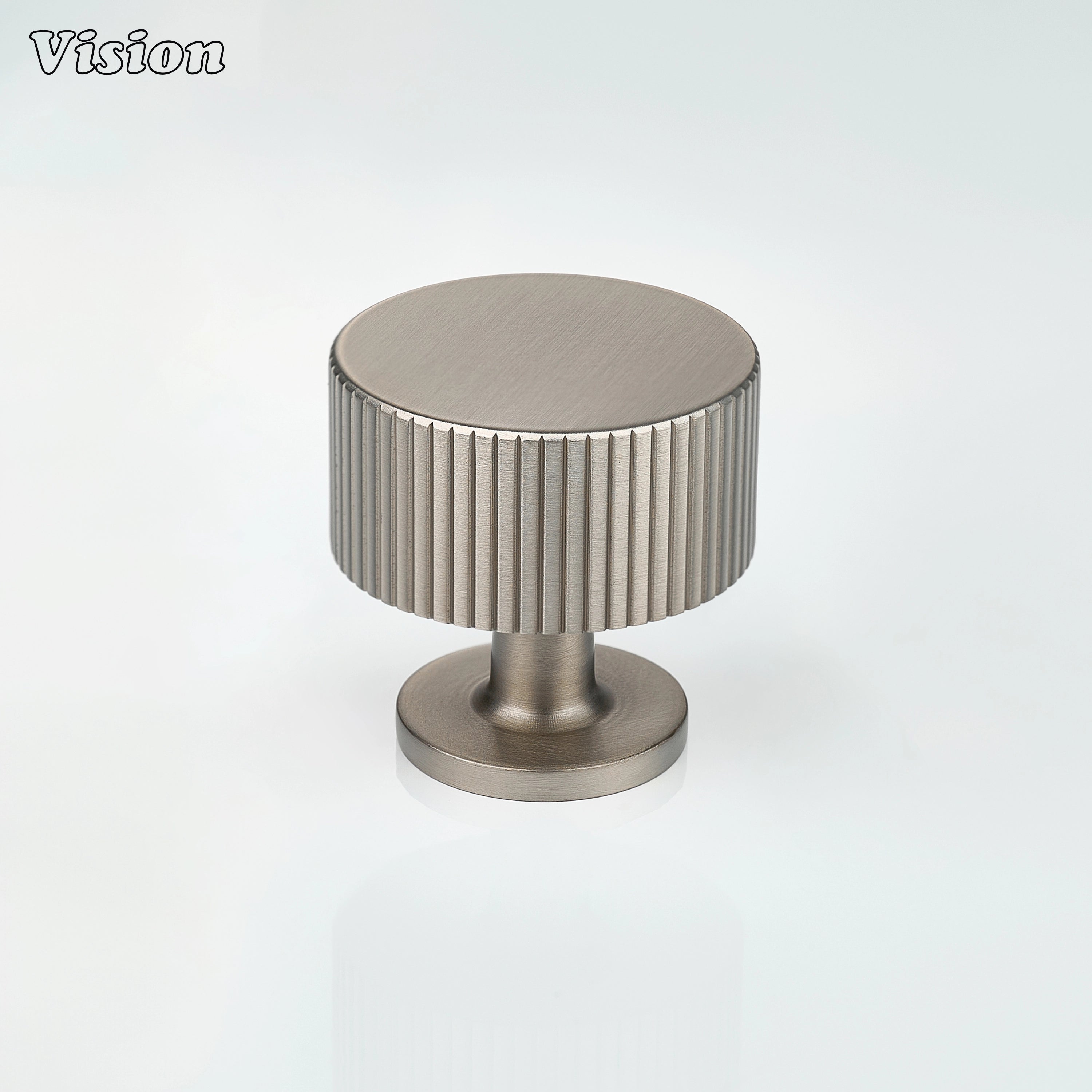 Silver round cabinet knob with precision knurling for modern furniture interiors