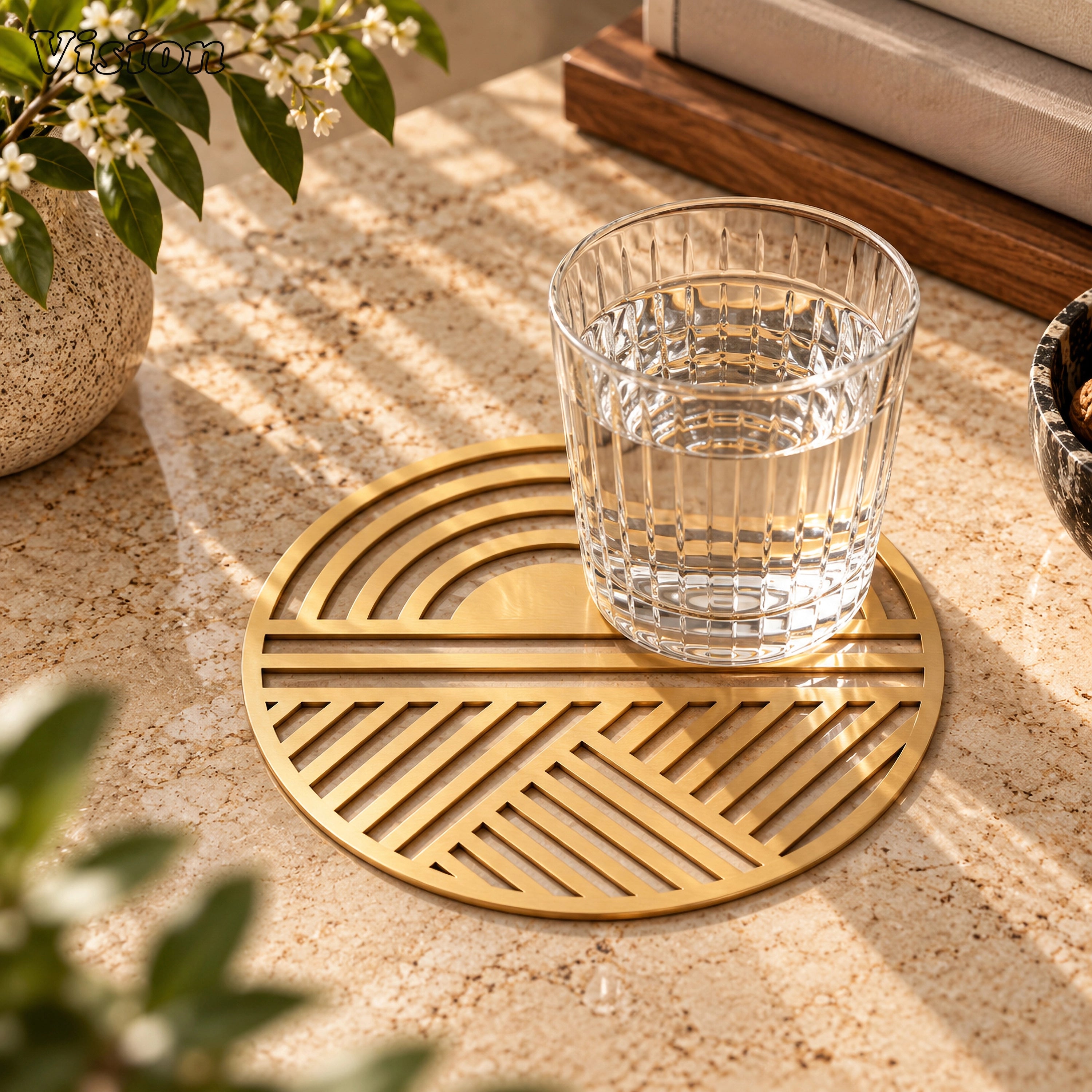 Round gold tabletop coaster with concentric brass arches and angled lines on a modern wooden bar cart