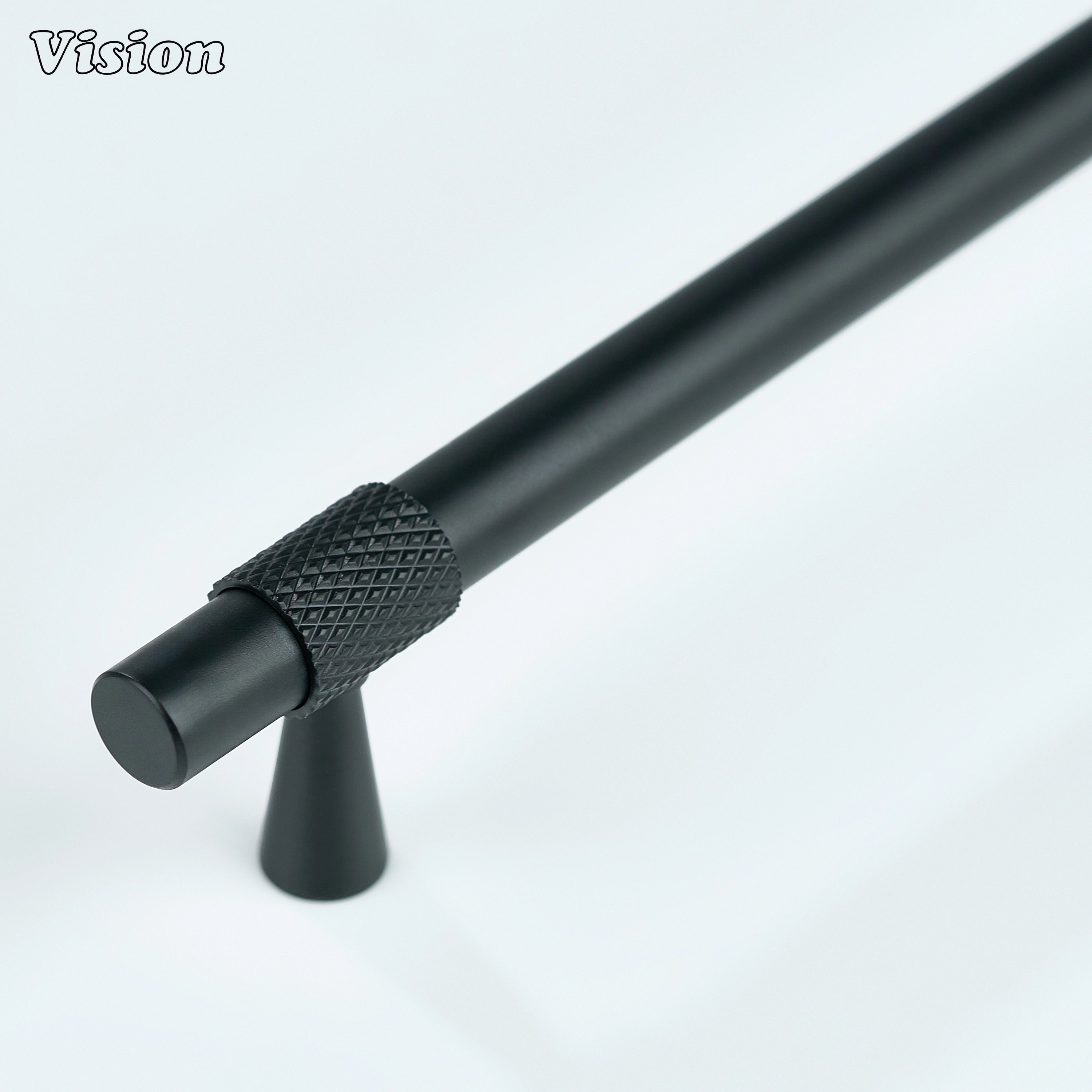 Black cabinet handle with plain profile and knurled ring detailing for modern cabinets.