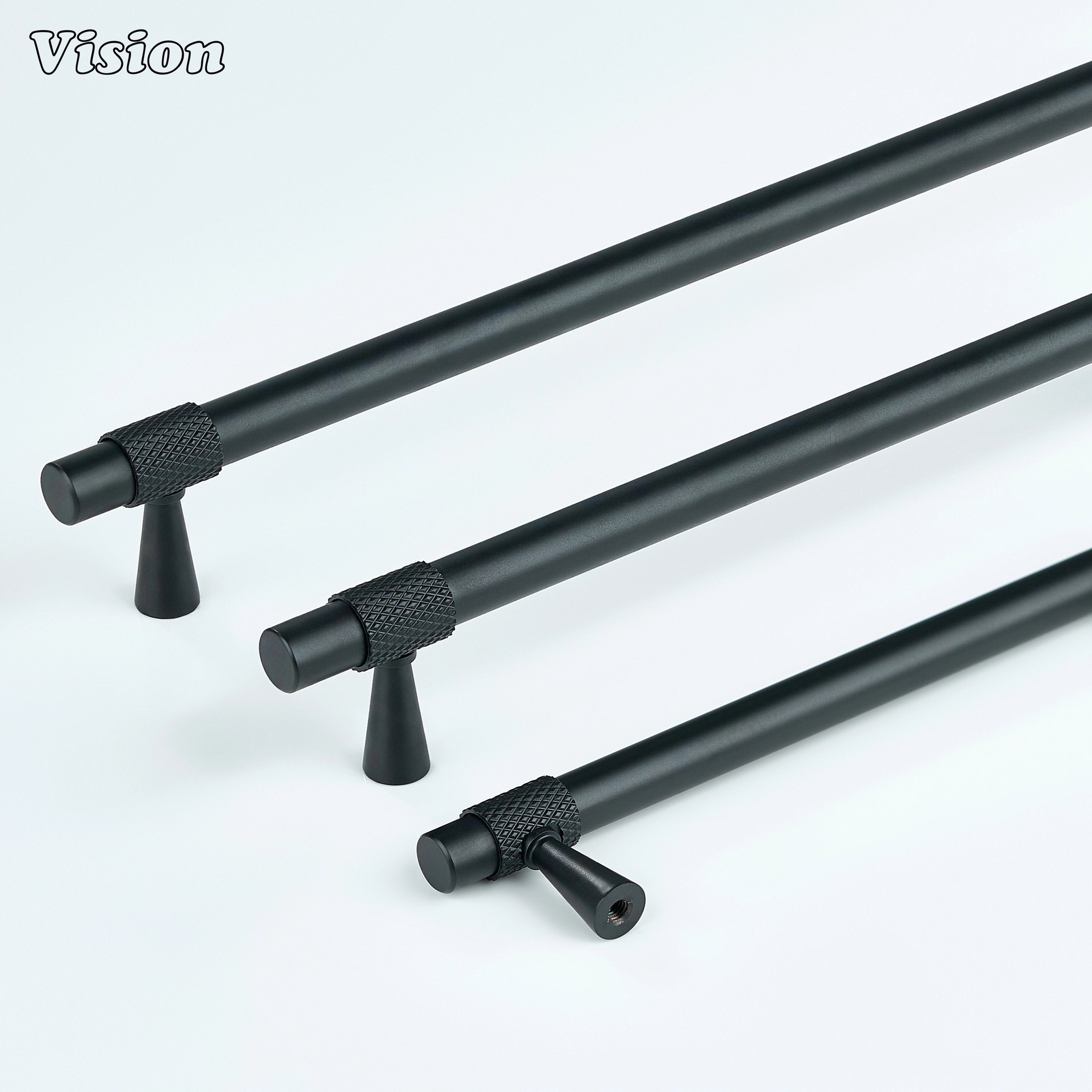 Black cabinet handle with minimal design and textured rings for furniture use.