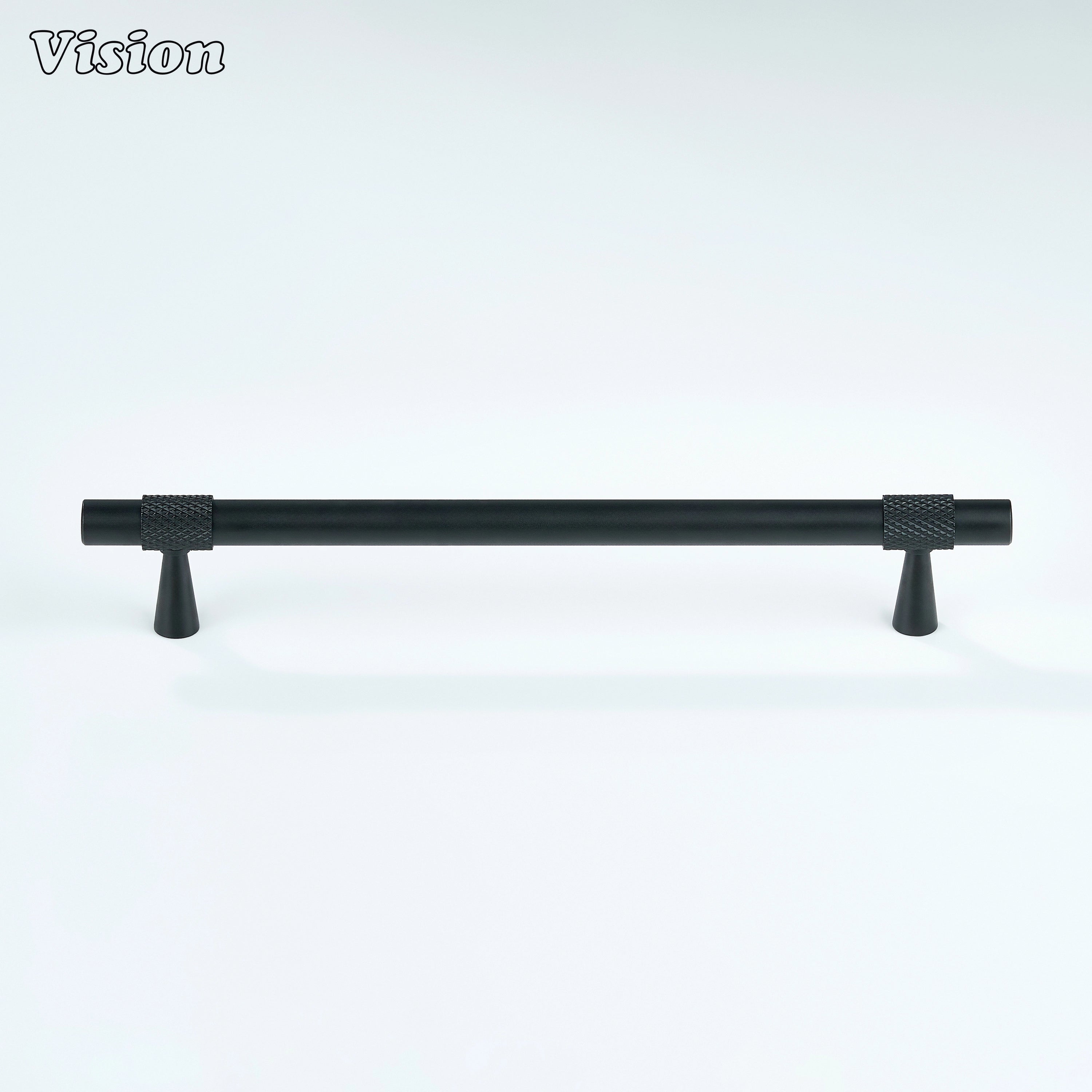 Black cabinet pull with subtle knurled accents for cupboards and kitchen cabinets.