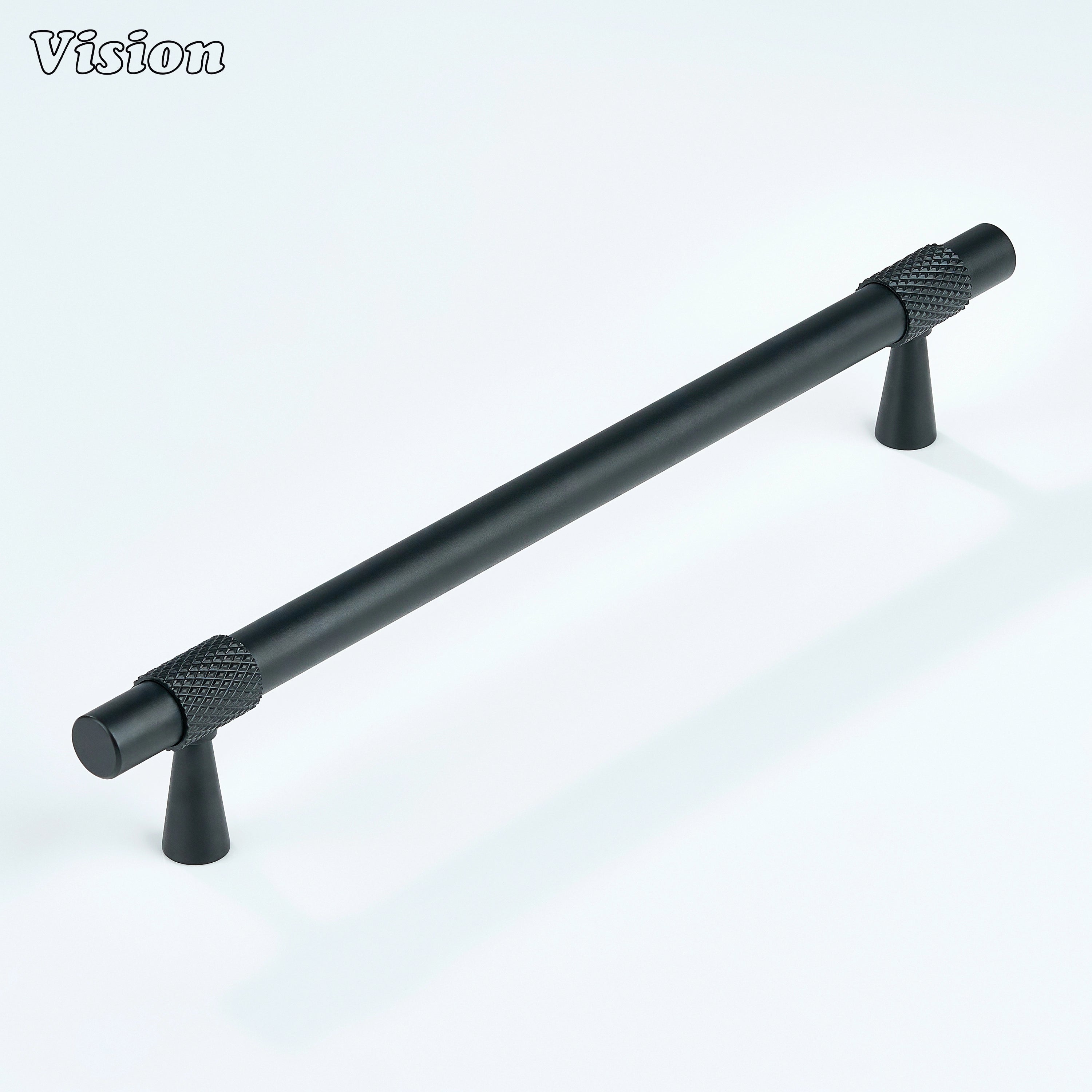 Black finish cabinet pull with smooth body and ring detail for cabinetry.