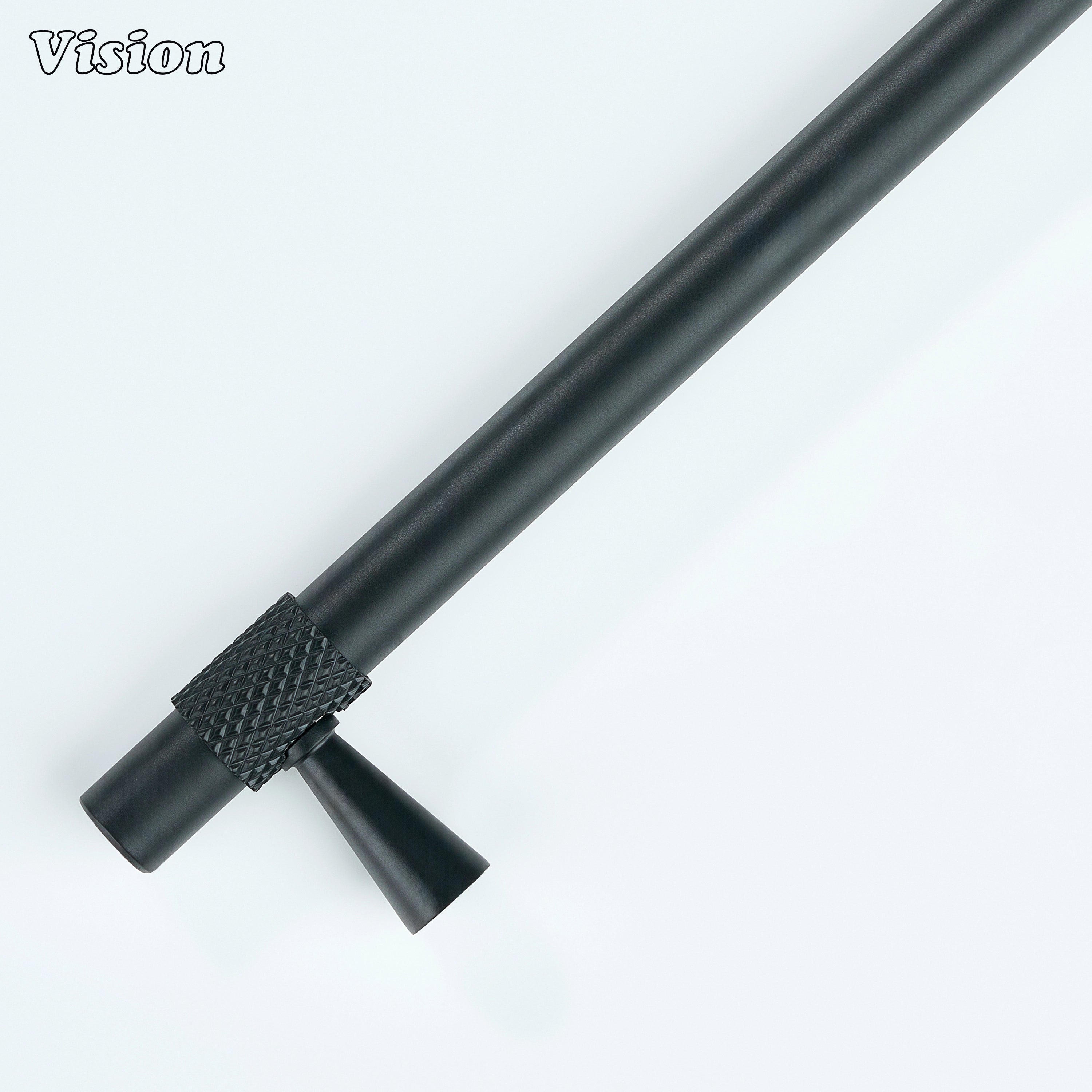 Industrial-style Black cabinet handle with knurled rings for drawers.