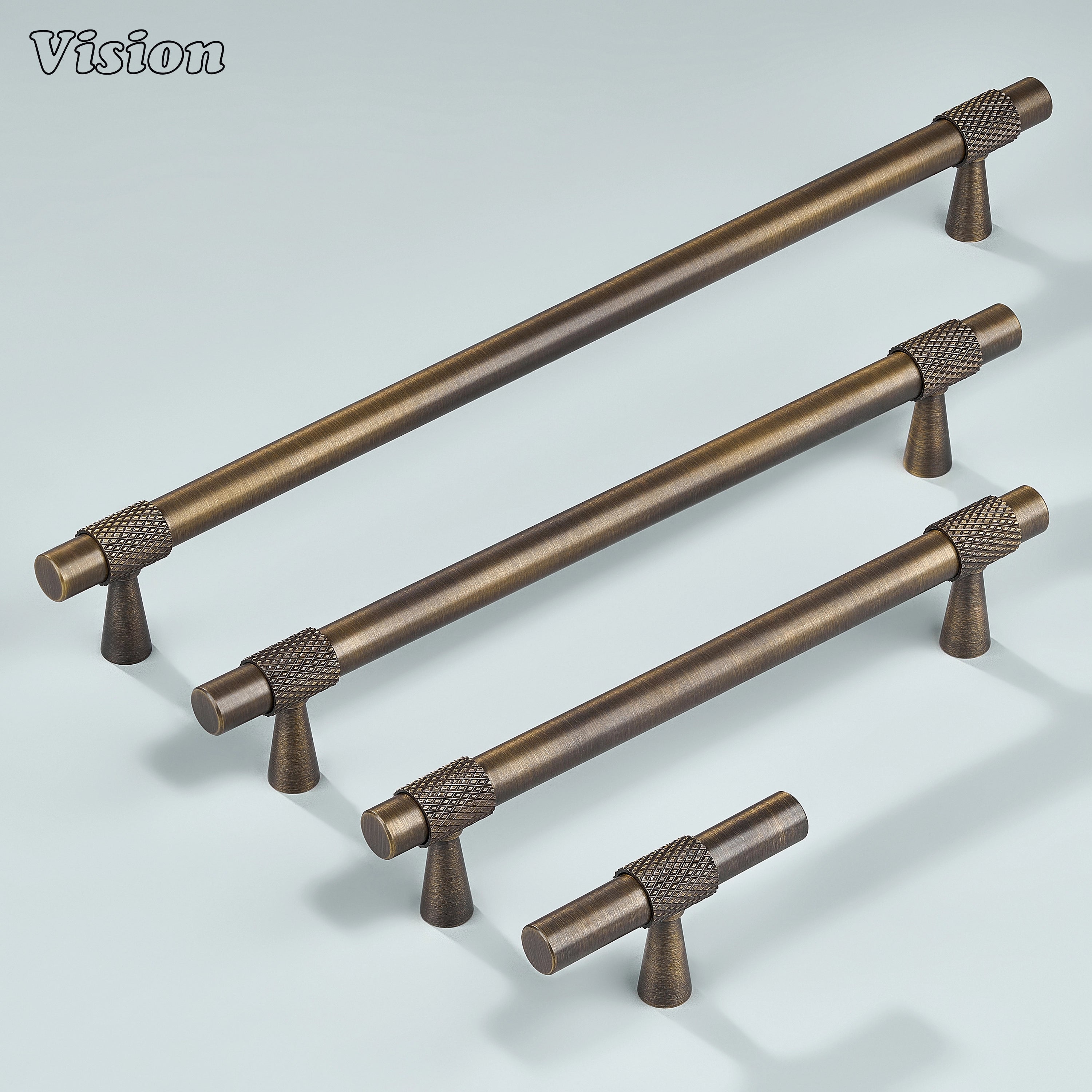 Modern antique bronze plain profile knurled ringed cabinet pull with cone legs used for wardrobe doors.