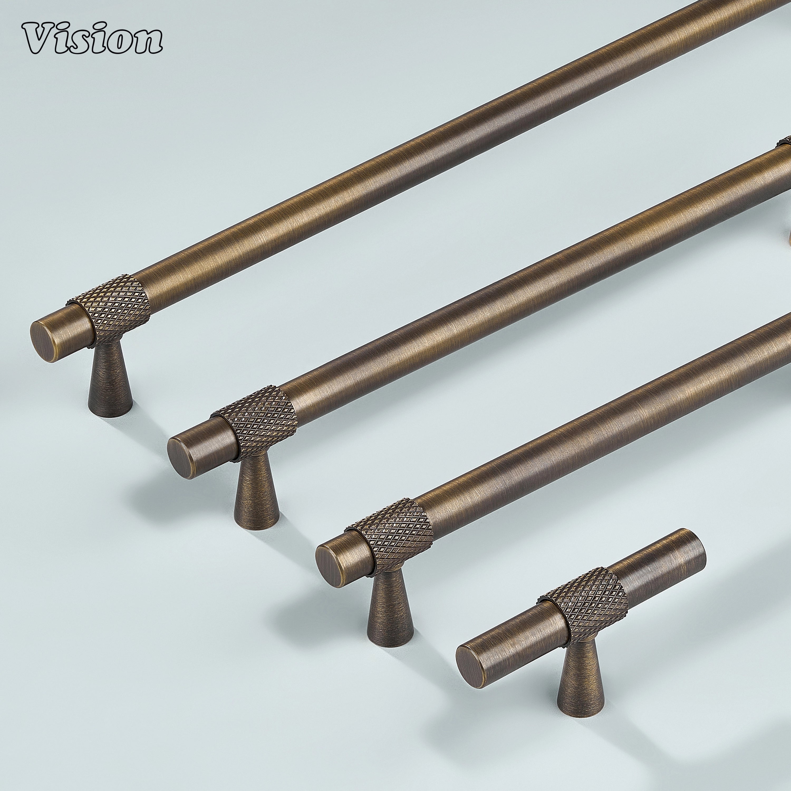Modern antique bronze plain profile knurled ringed cabinet pull with cone legs used for dresser drawers.
