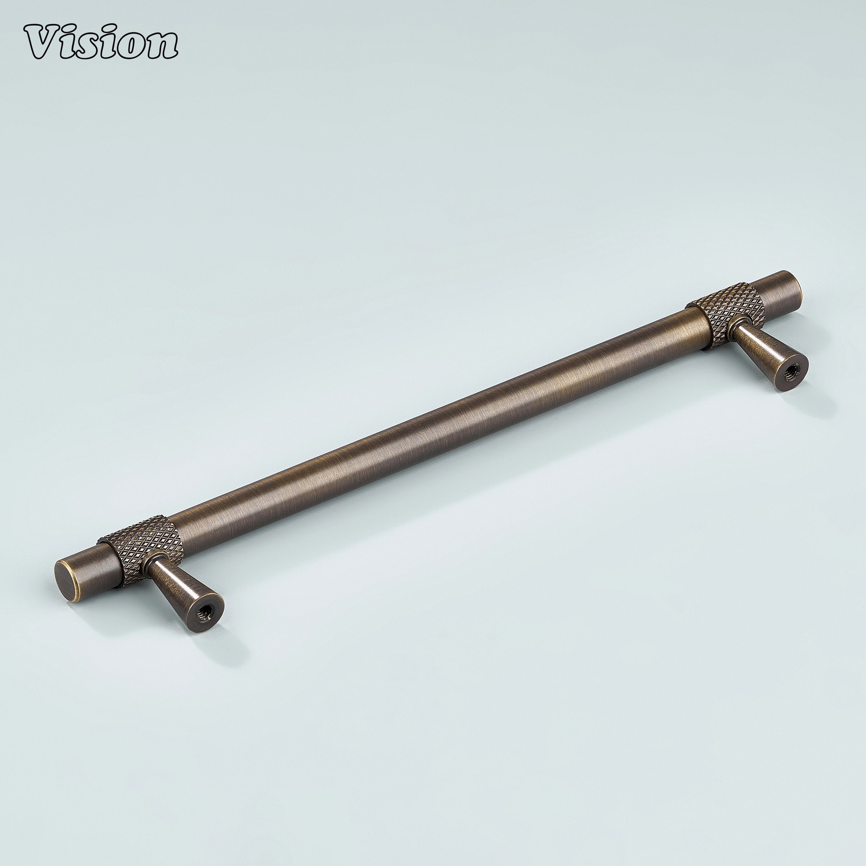 Modern antique bronze plain profile knurled ringed cabinet pull with cone legs used for closet doors.