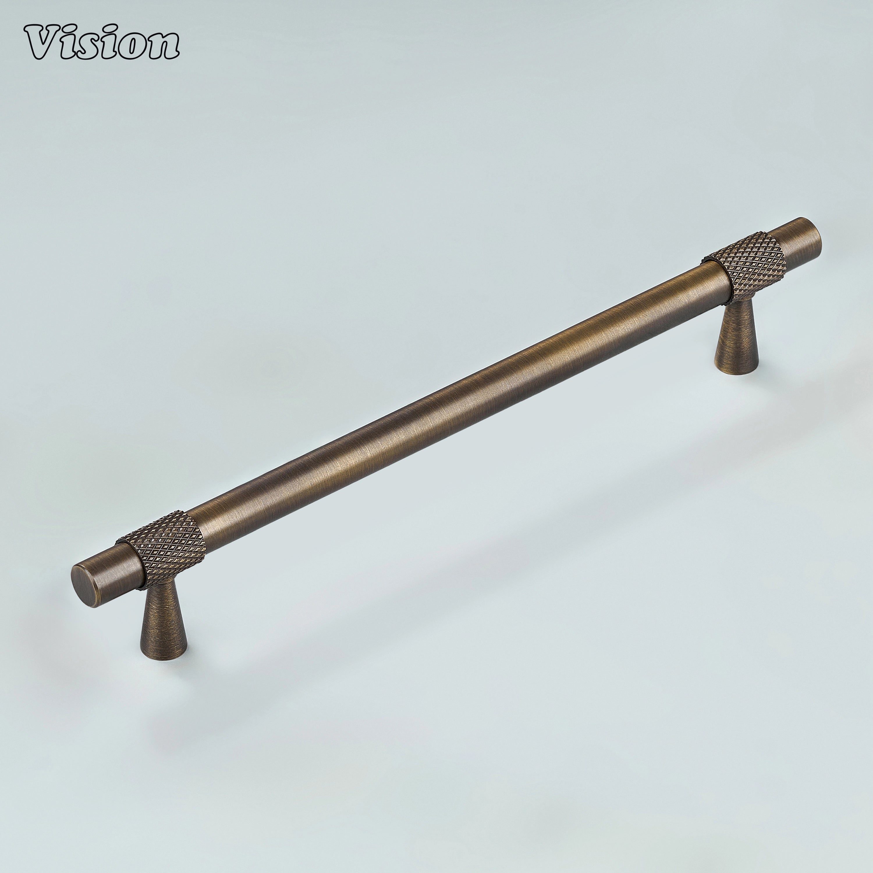 Modern antique bronze plain profile knurled ringed cabinet pull with cone legs used for bathroom cabinets.