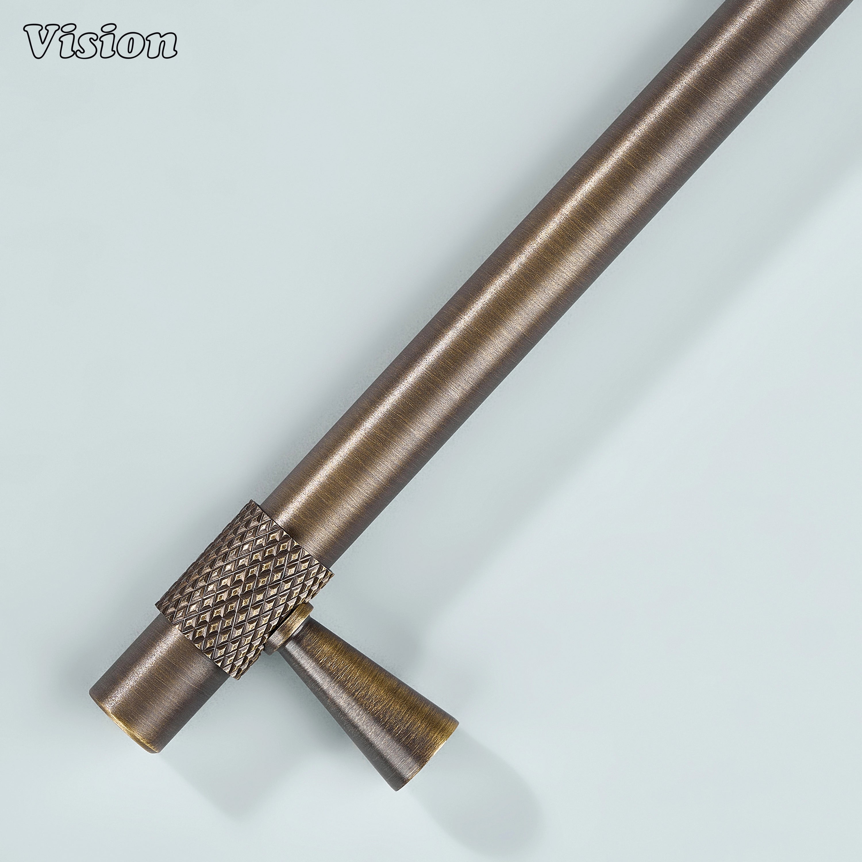 Modern antique bronze plain profile knurled ringed cabinet pull with cone legs used for furniture drawers.