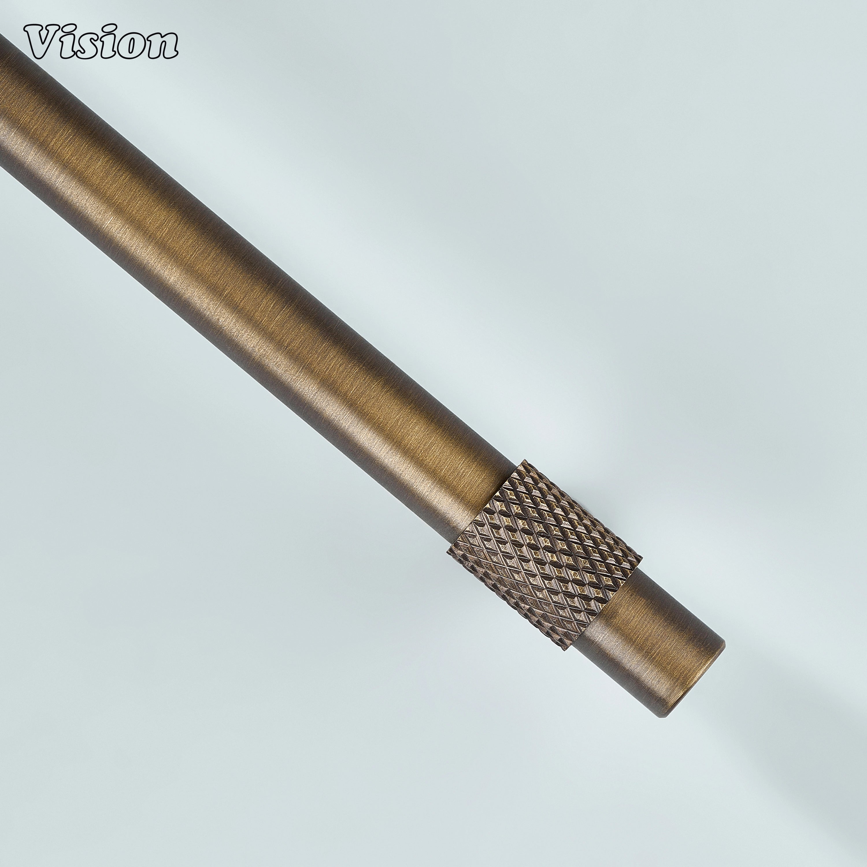 Modern antique bronze plain profile knurled ringed cabinet pull with cone legs used for vanity drawers.