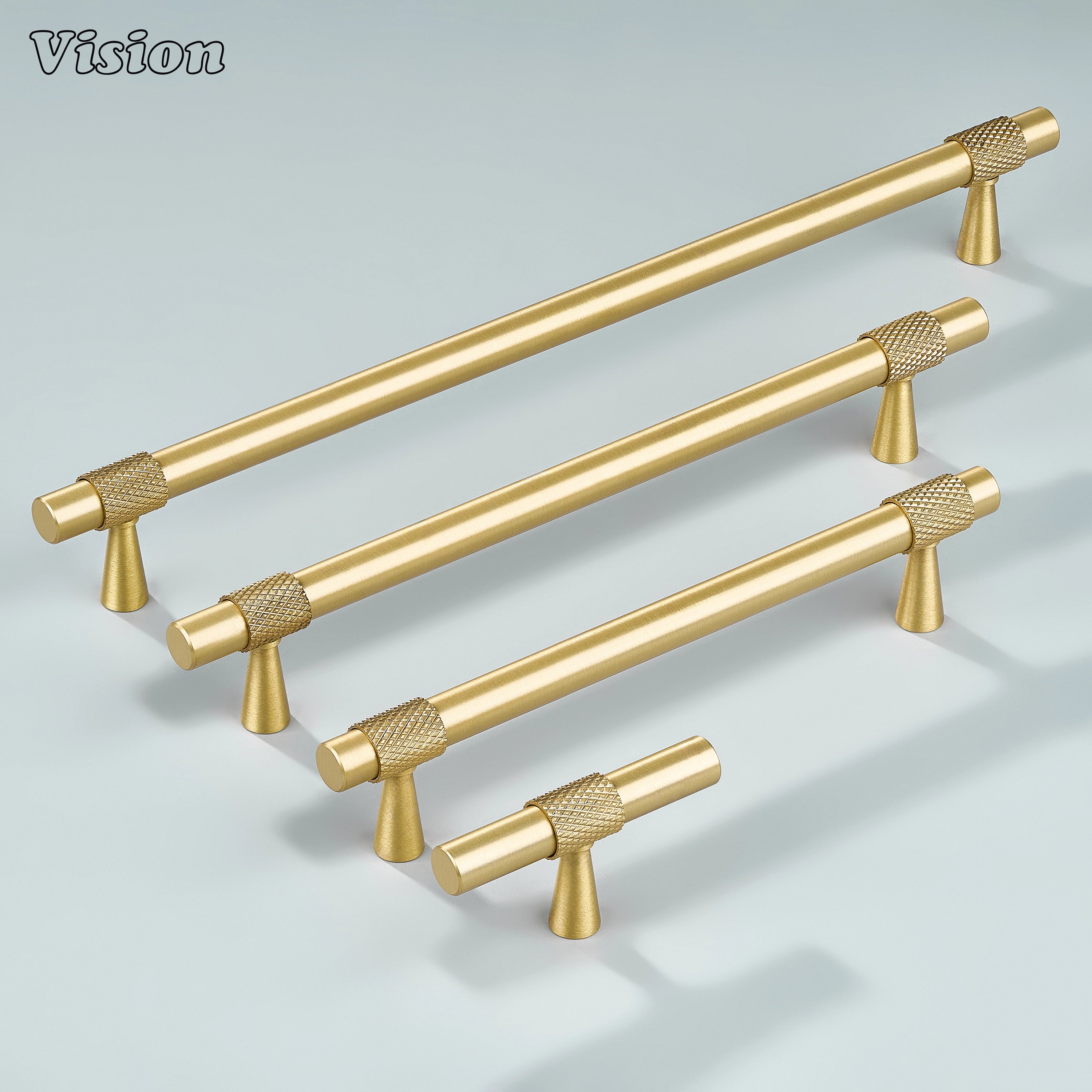Modern gold plain profile knurled ringed cabinet pull with cone legs used for wardrobe doors.