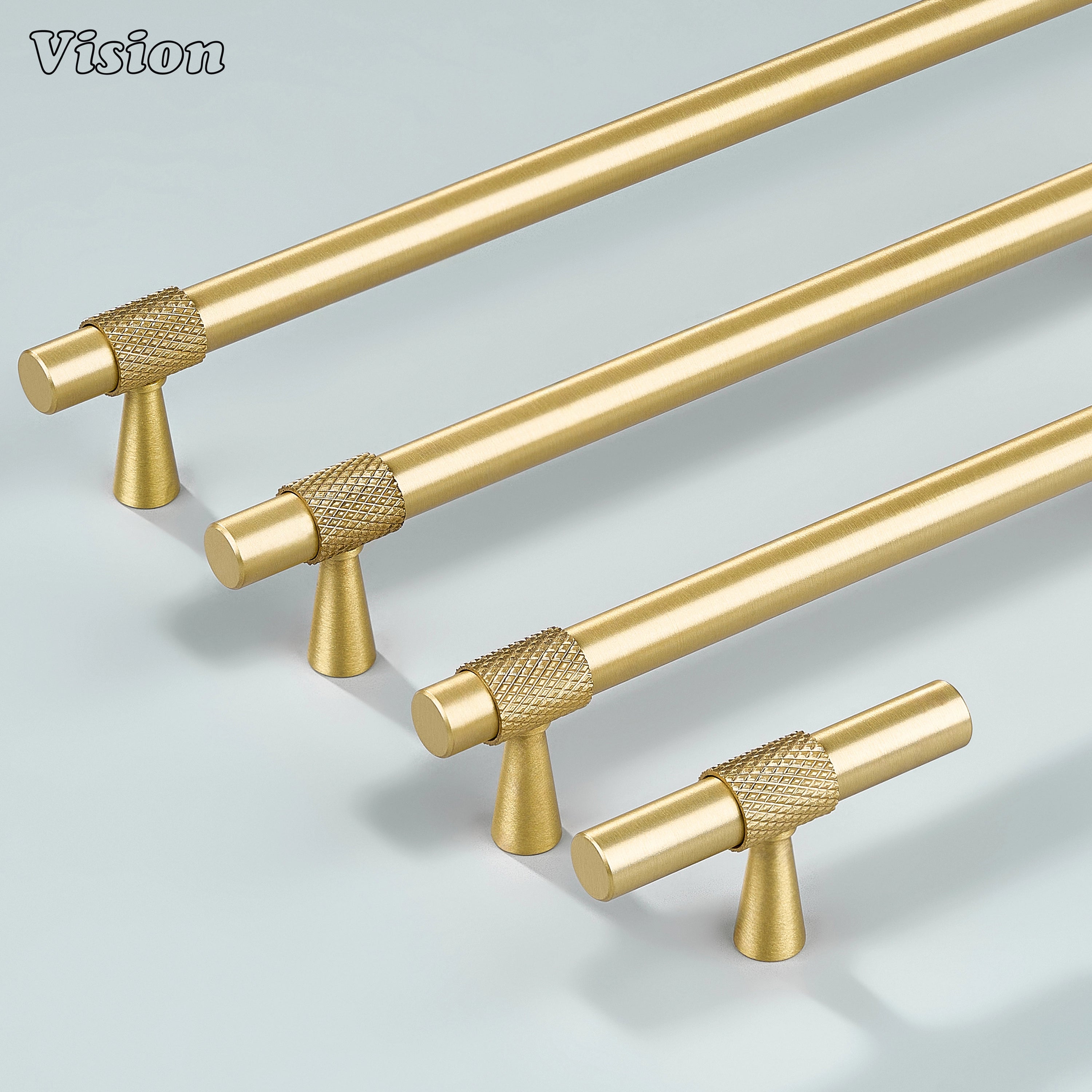 Modern gold plain profile knurled ringed cabinet pull with cone legs used for dresser drawers.