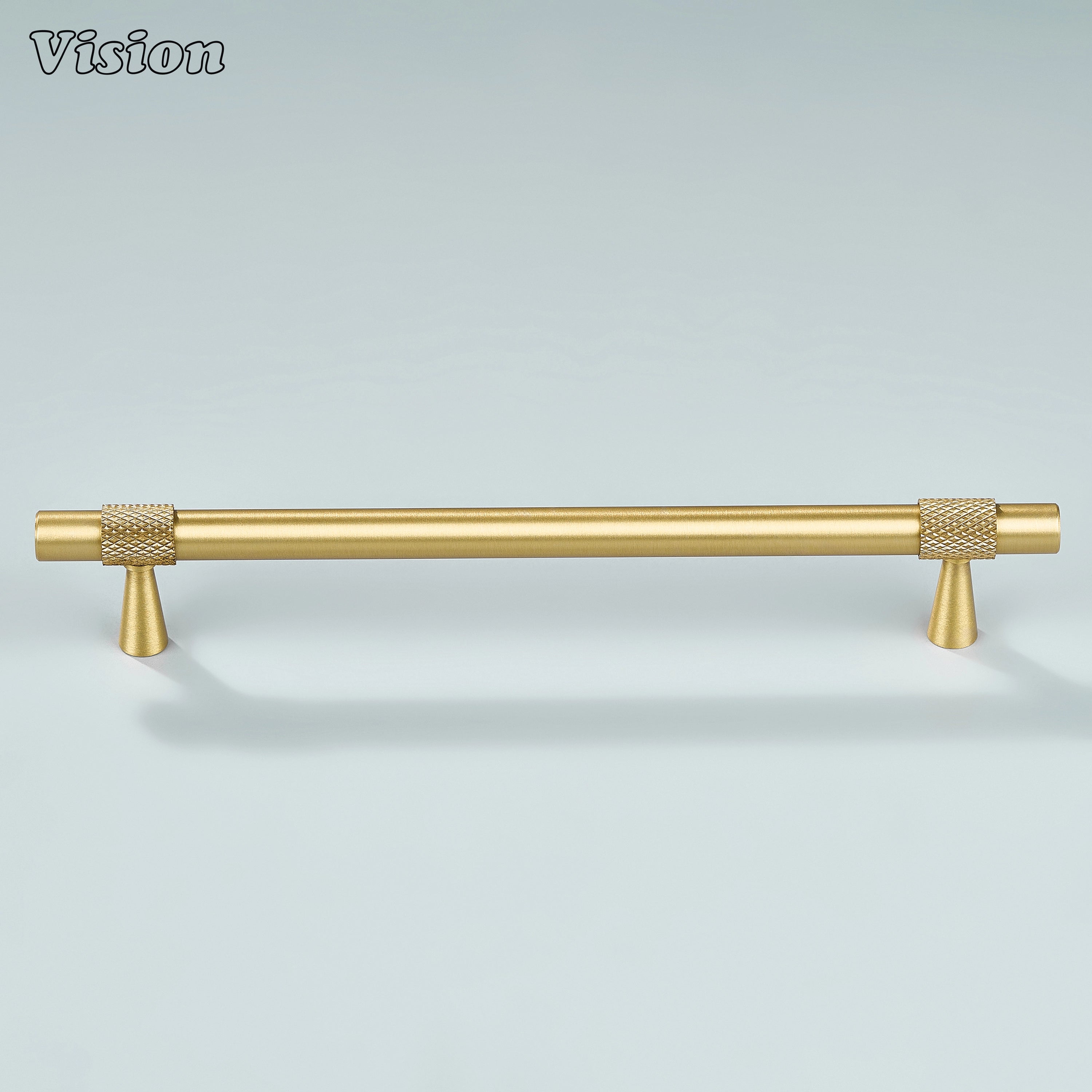 Modern gold plain profile knurled ringed cabinet pull with cone legs used for cupboards.