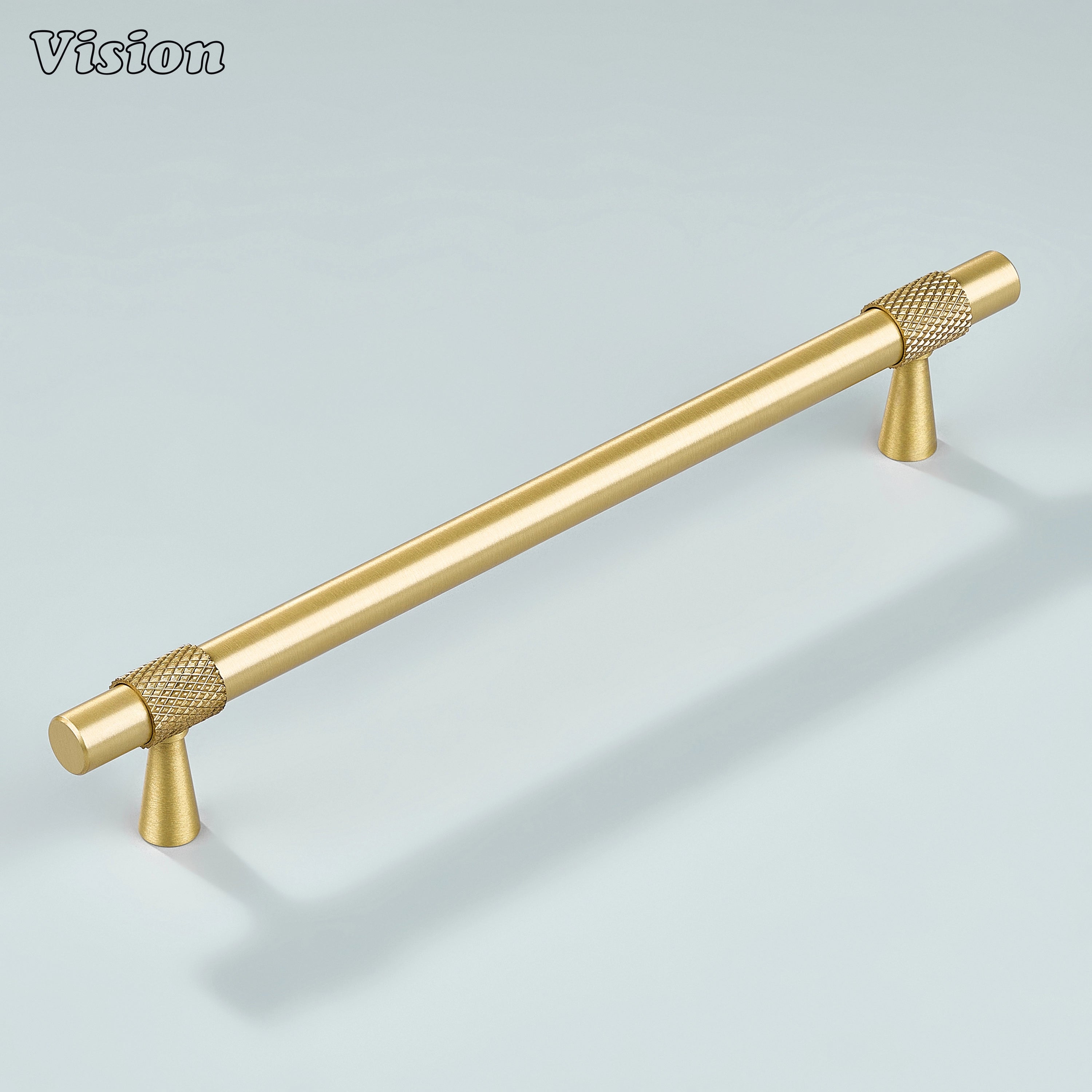 Modern gold plain profile knurled ringed cabinet pull with cone legs used for closet doors.