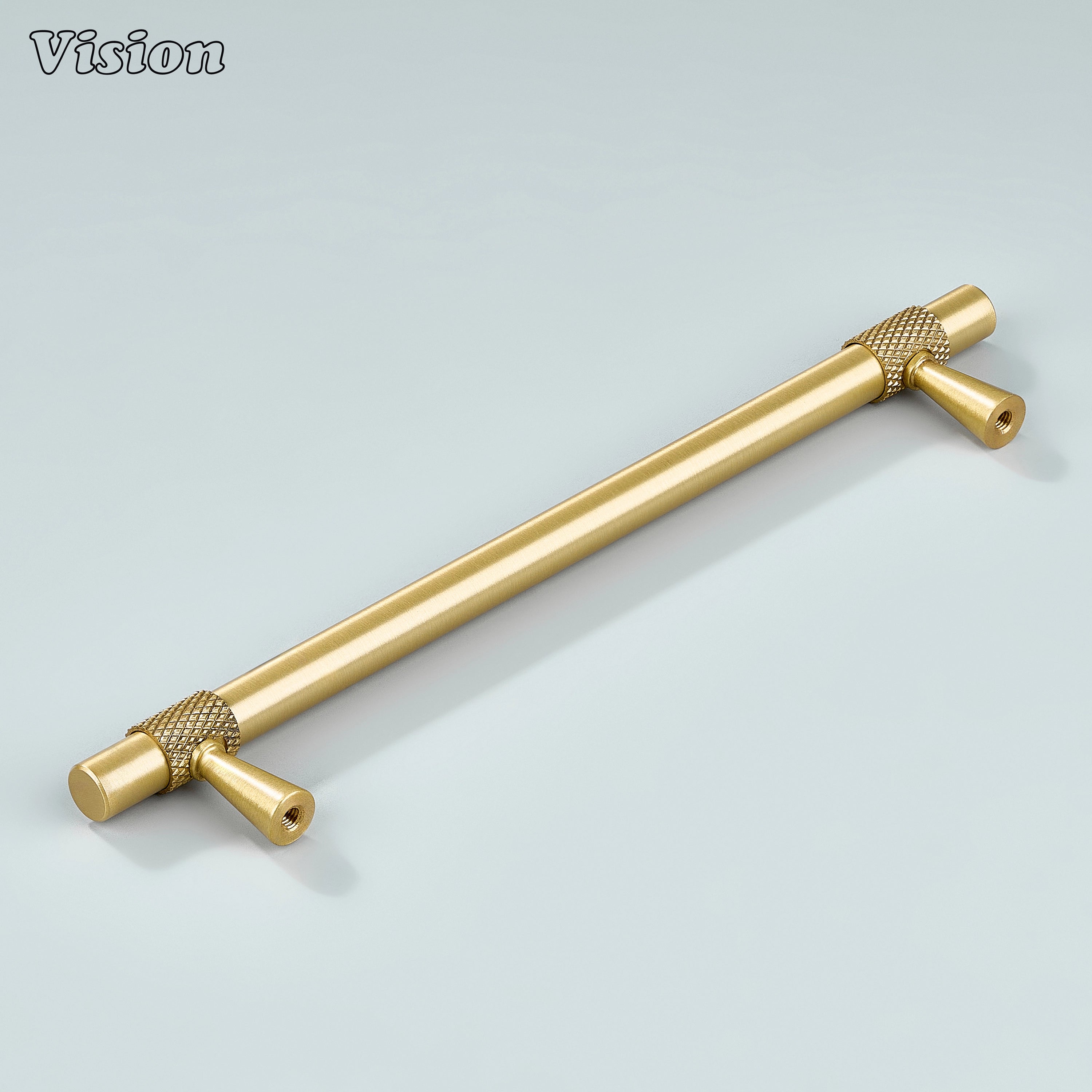 Modern gold plain profile knurled ringed cabinet pull with cone legs used for bathroom cabinets.