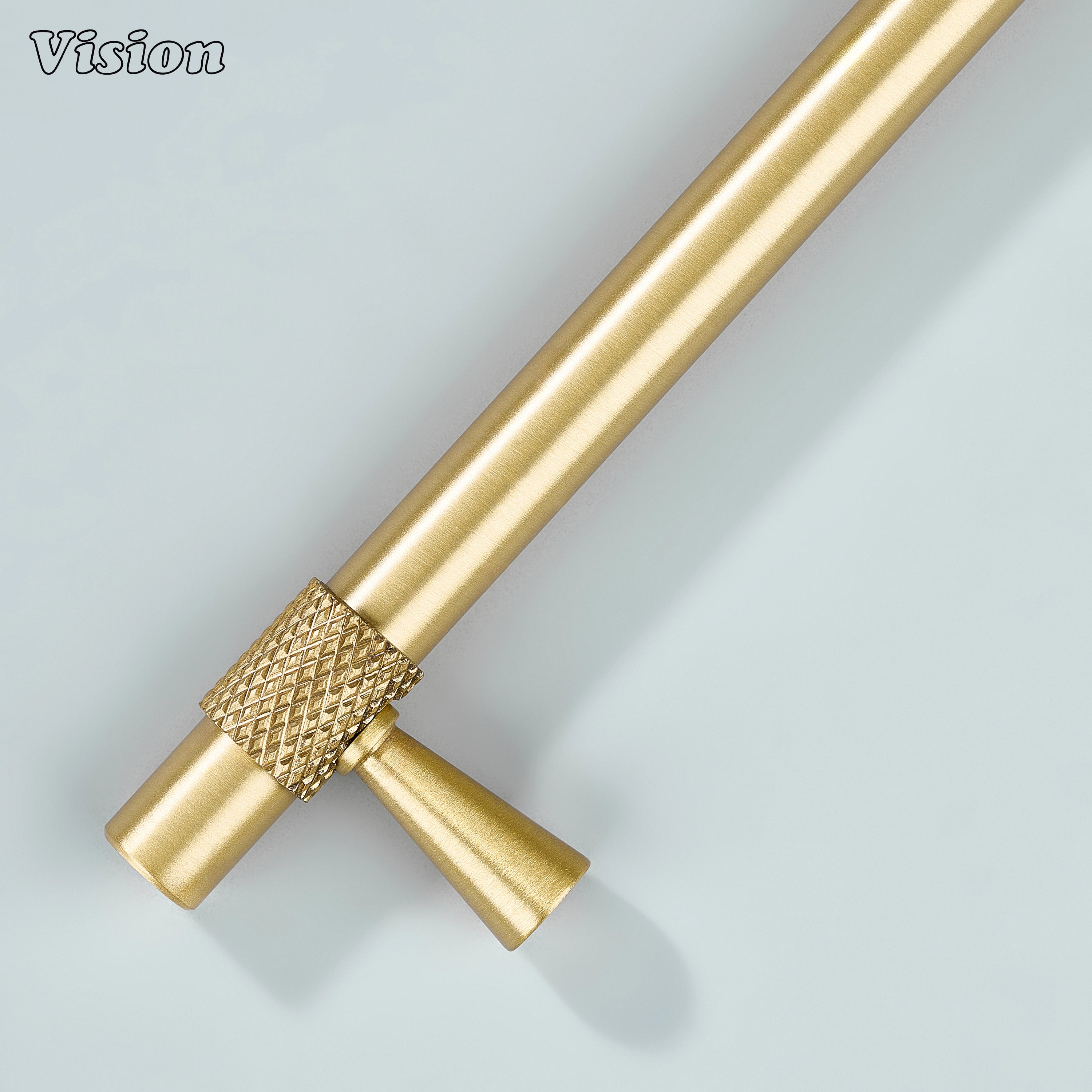 Modern gold plain profile knurled ringed cabinet pull with cone legs used for furniture drawers.