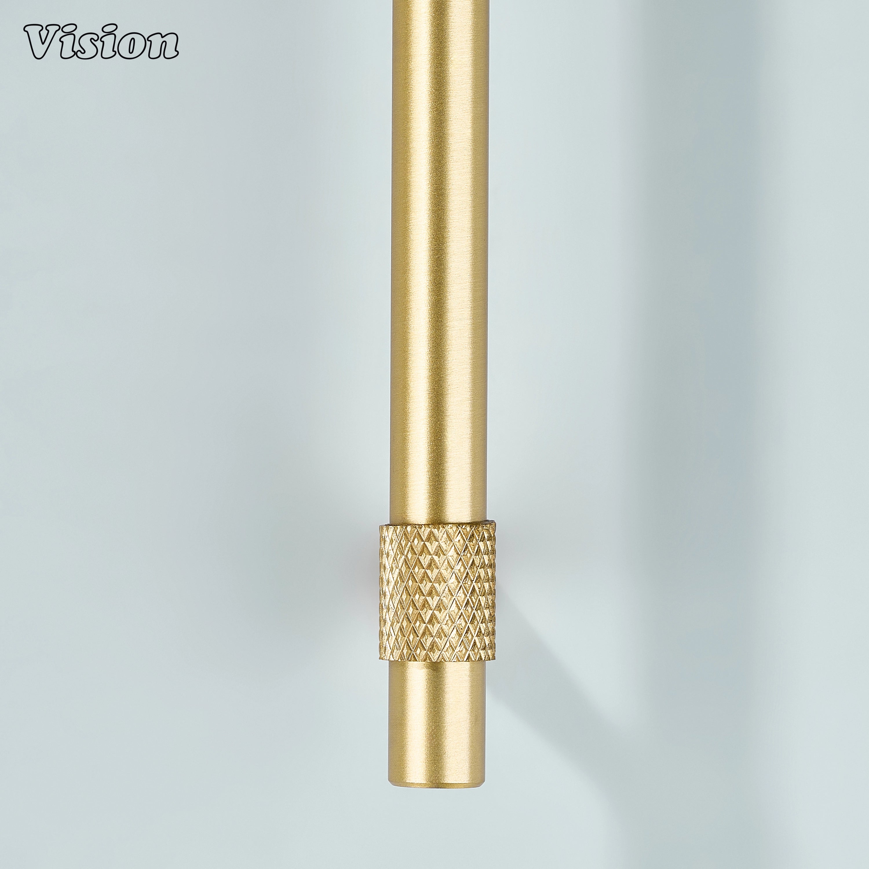 Modern gold plain profile knurled ringed cabinet pull with cone legs used for vanity drawers.