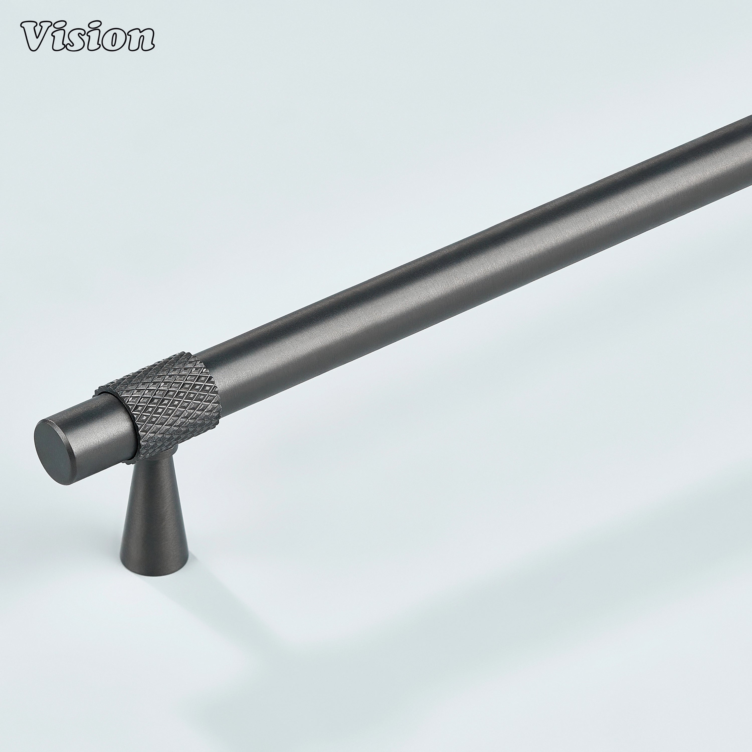 Modern gunmetal plain profile knurled ringed cabinet pull with cone legs used for kitchen cabinets.