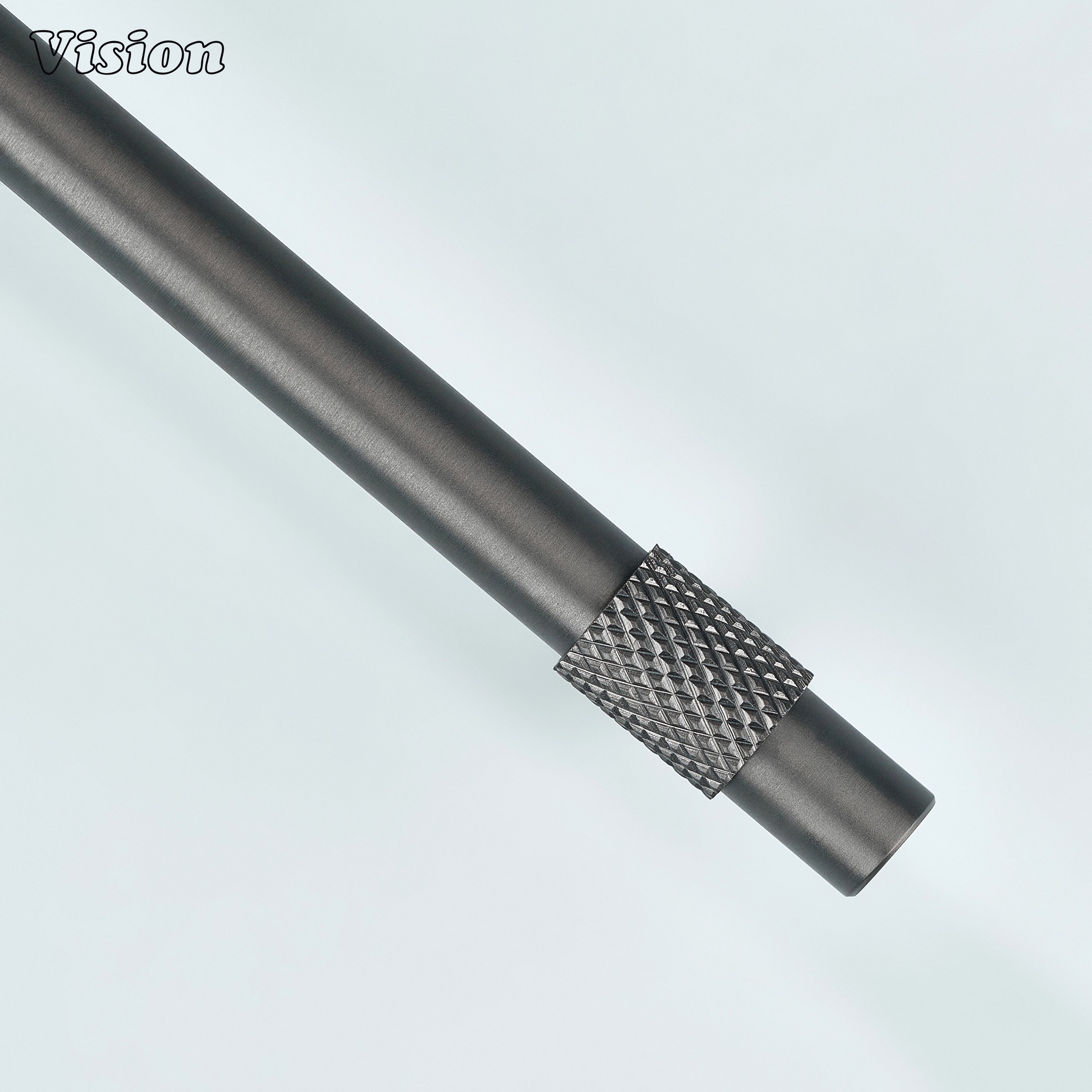 Modern gun metal plain profile knurled ringed cabinet pull with cone legs used for vanity drawers.