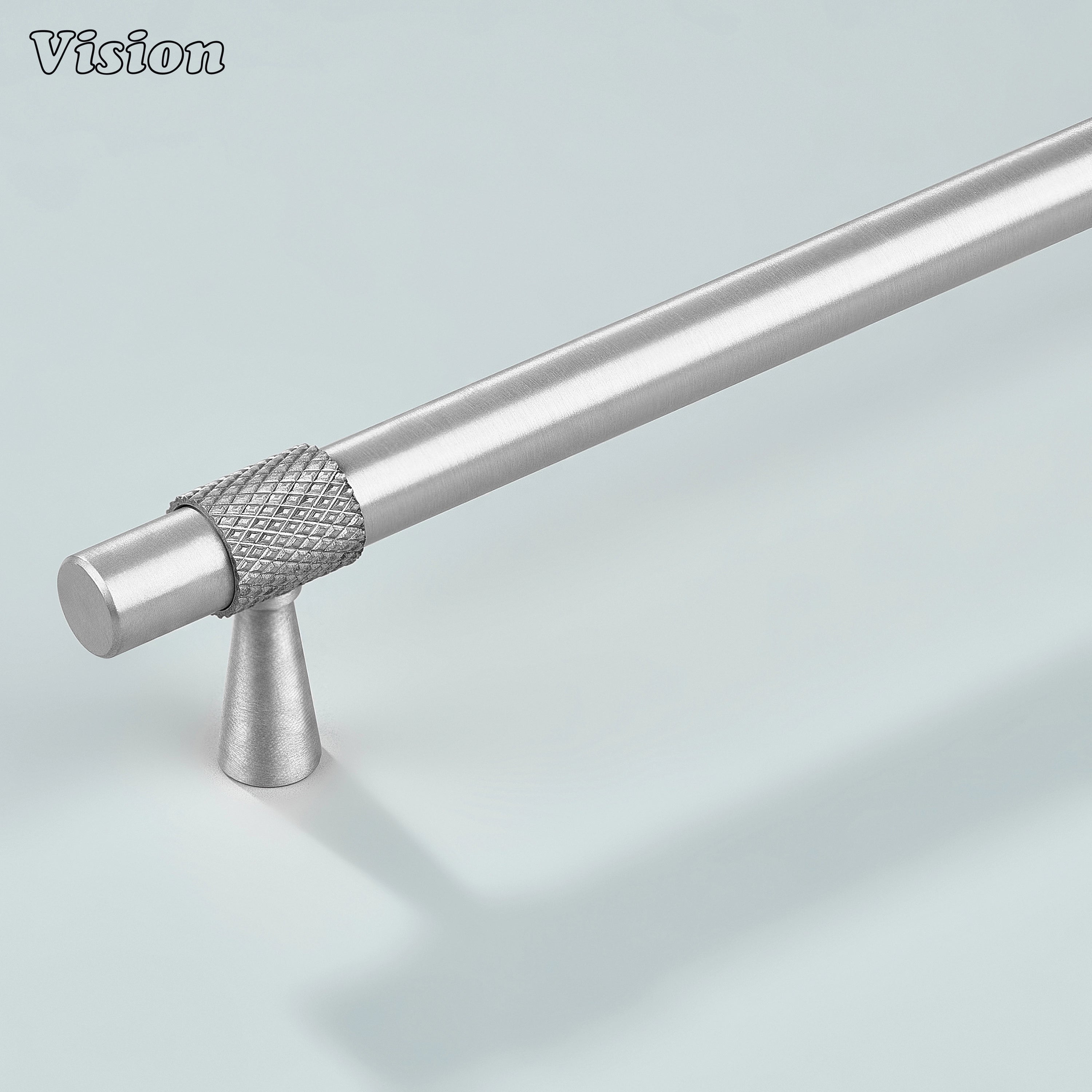 Modern silver plain profile knurled ringed cabinet pull with cone legs used for kitchen cabinets.